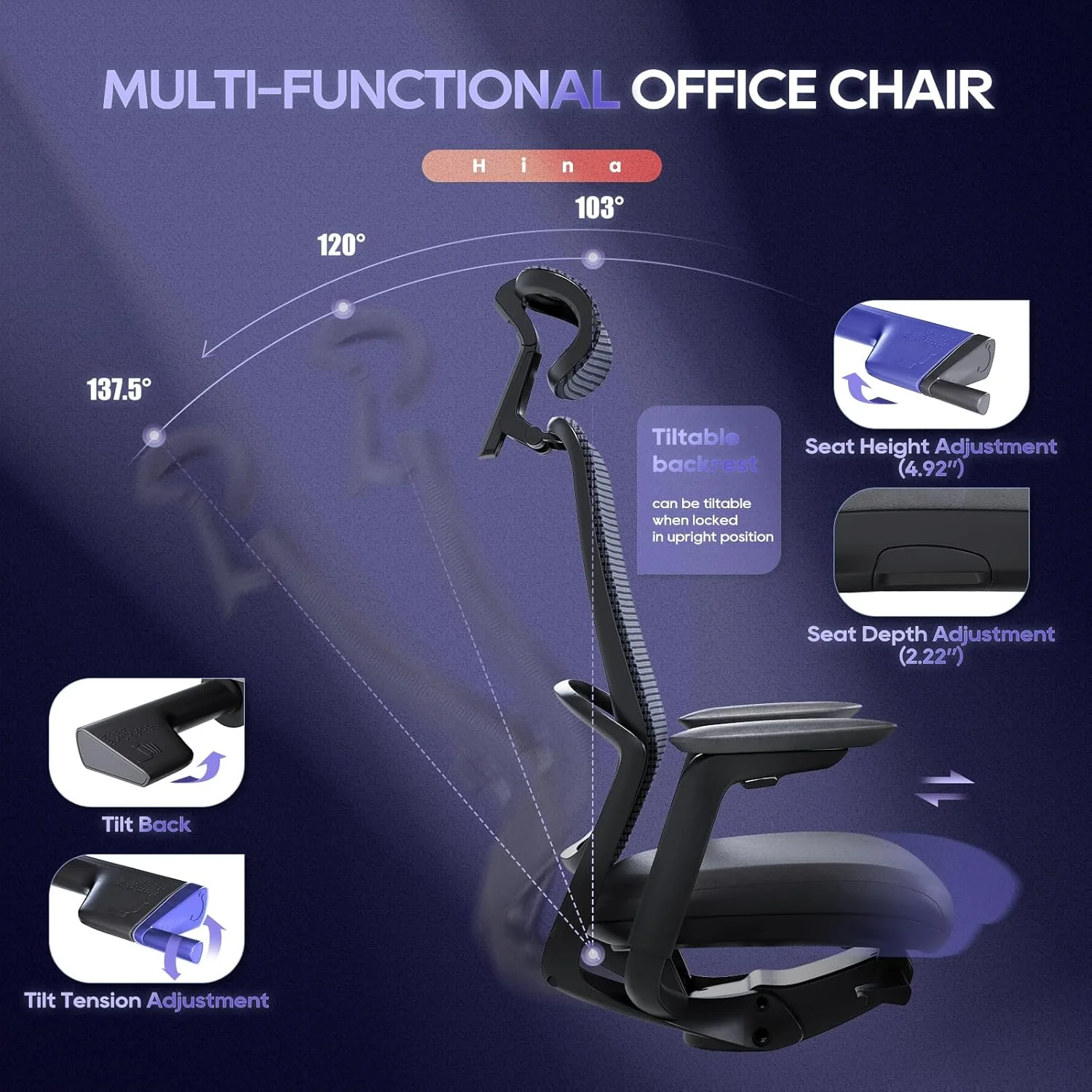Ergonomic Office Chair, High Back Mesh Desk Chair with Adjustable Lumbar Support, Reclining Backrest, 4D Armrests, Breathable Mesh, Comfortable Computer Chair for Home Office, Work,Study