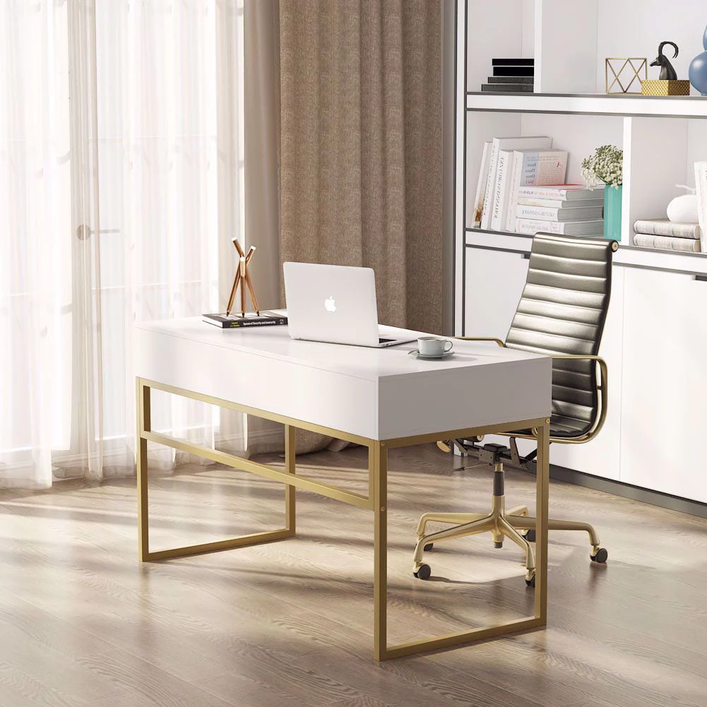 TribeSigns Computer Desk, Modern Simple 47 inch Home Office Desk Study Table Writing Desk with 2 Storage Drawers, Makeup Vanity Console Table, White and Gold