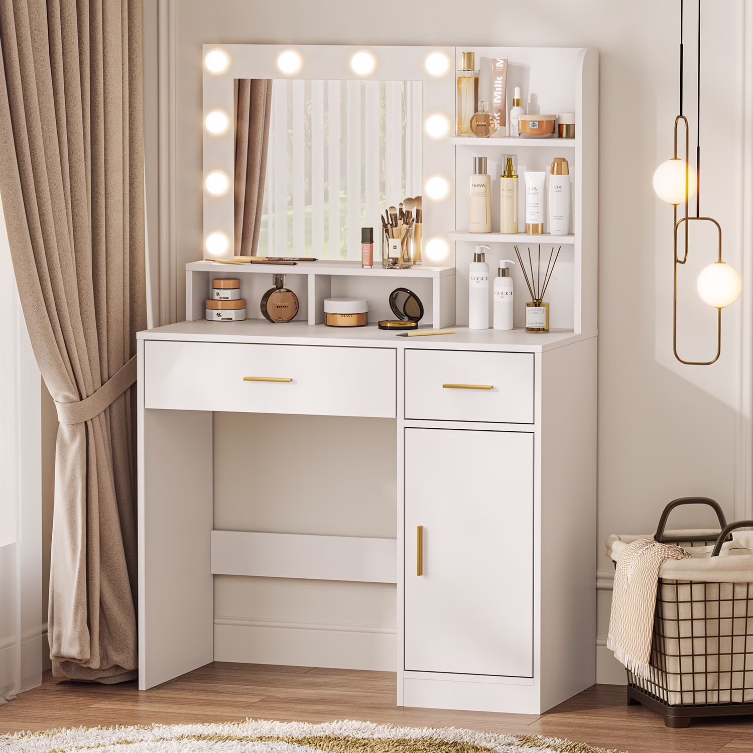eChamp Makeup Vanity Desk with 3 Color Light & Mirror, Vanity Table with 4 Drawers, Storage Shelf, Power Outlet, Adjustable Brightness Dressing Table, White