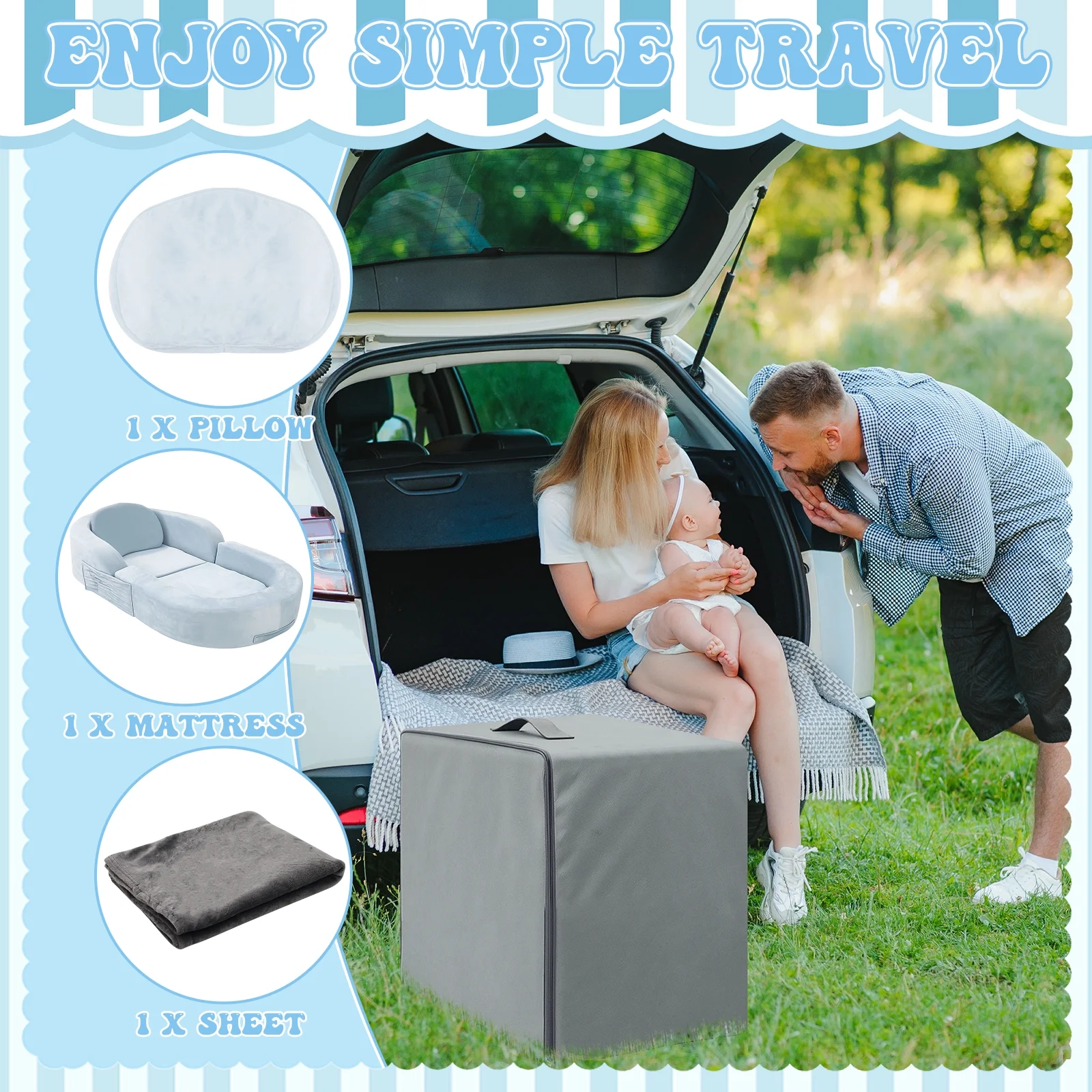 Coumy Toddler Travel Bed 2-in-1 Kids Sofa Chair with Removable Cover, Soft Foam Portable Foldable Toddler Bed for Travel with Carrying Bag, Blue