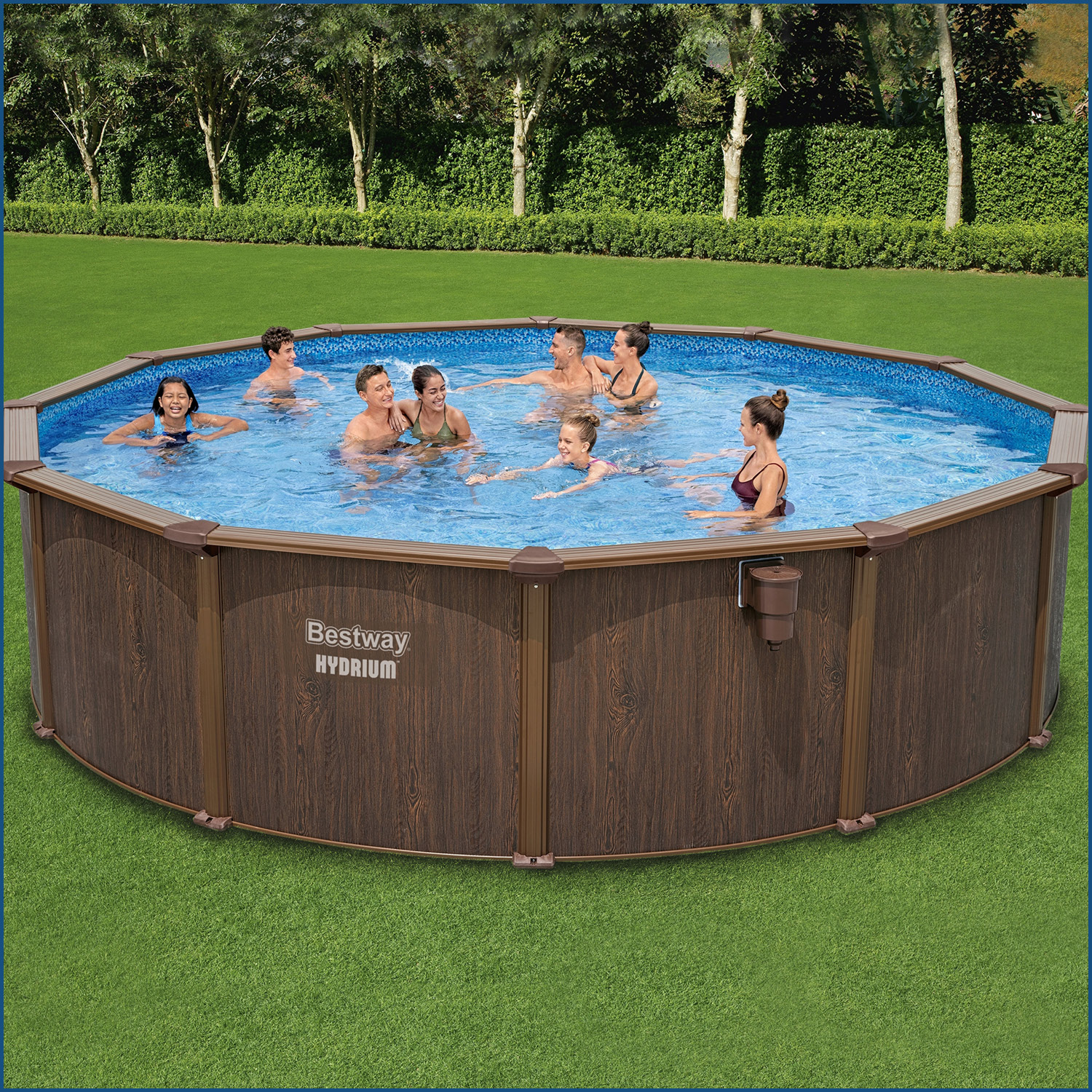 Hydrium™ steel wall pool Complete set with sand filter Ø 550 x 130 cm, wood printing (rosewood), round
