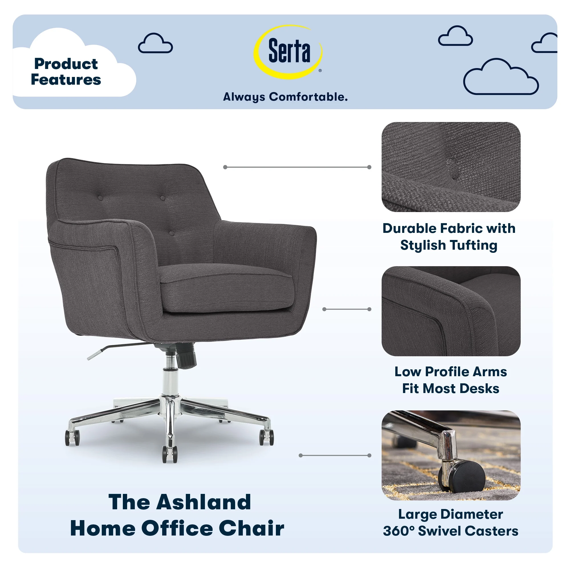 Serta Ashland Office Desk Chair, Button Tufted Mid-Back, Memory Foam Cushion, Chrome Swivel Base, Charcoal