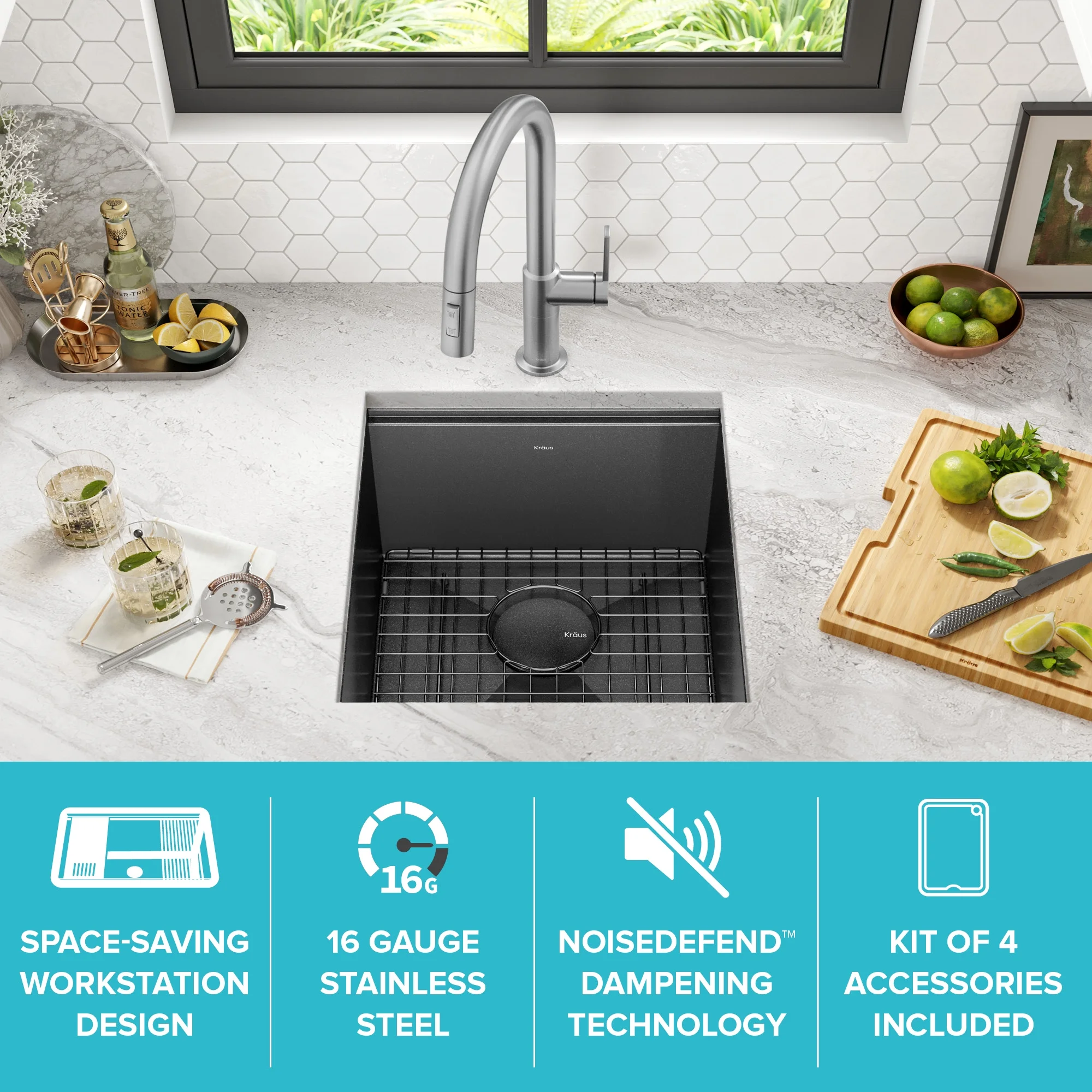 KRAUS Kore 17 Undermount Workstation 16 Gauge Black Stainless Steel Single Bowl Kitchen Bar Sink in PVD Gunmetal Finish with Accessories
