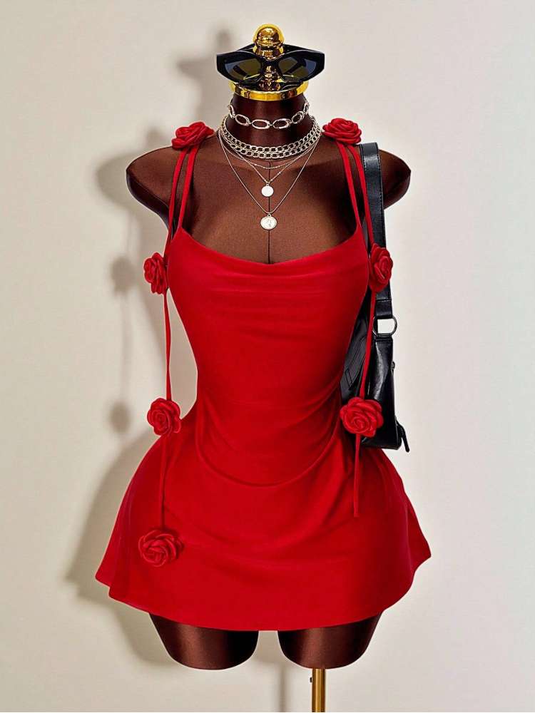 Flower Decor V Neck Sleeveless Mini Dress