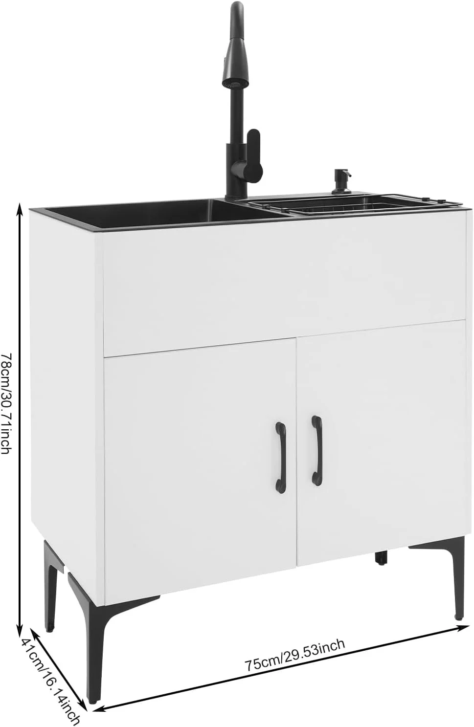 Laundry Sink with Cabinet & Pull-Out Faucet, Kitchen Sink Cabinet with Draining Basket, Stainless Steel Double Bowl Utility Sinks, Wash Station Tub for Kitchen, Laundry Room (Black)