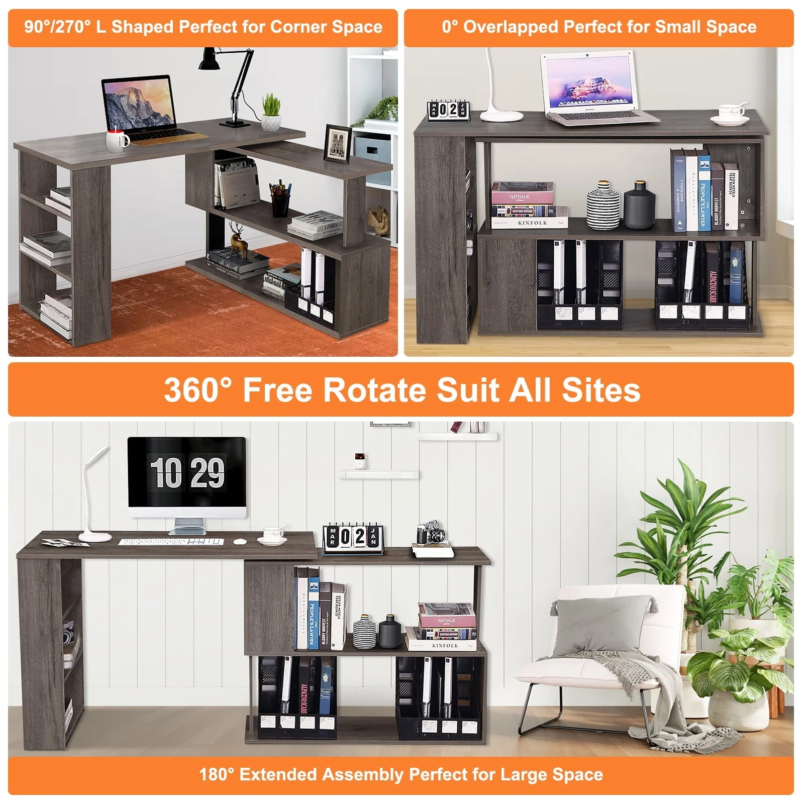 Hoffree 360 Degree Rotating Computer Desk L Shaped Corner Desk with Storage Shelf Office Home Study Workstation