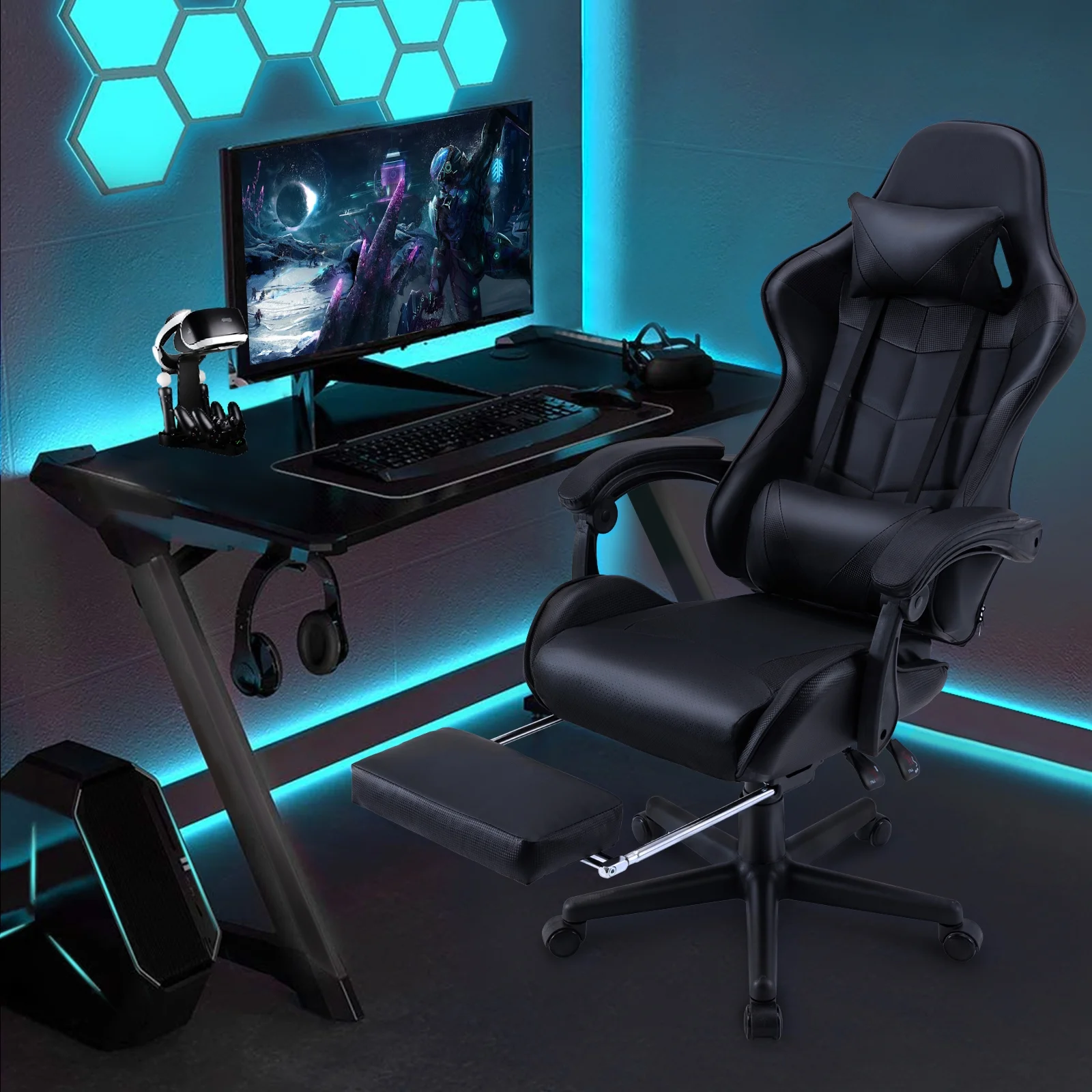 SOONTRANS Green Gaming Chair with Footrest, High Back Gamer Chair with Massage Lumbar Pillow, Gamer Computer Desk Chair (Green)