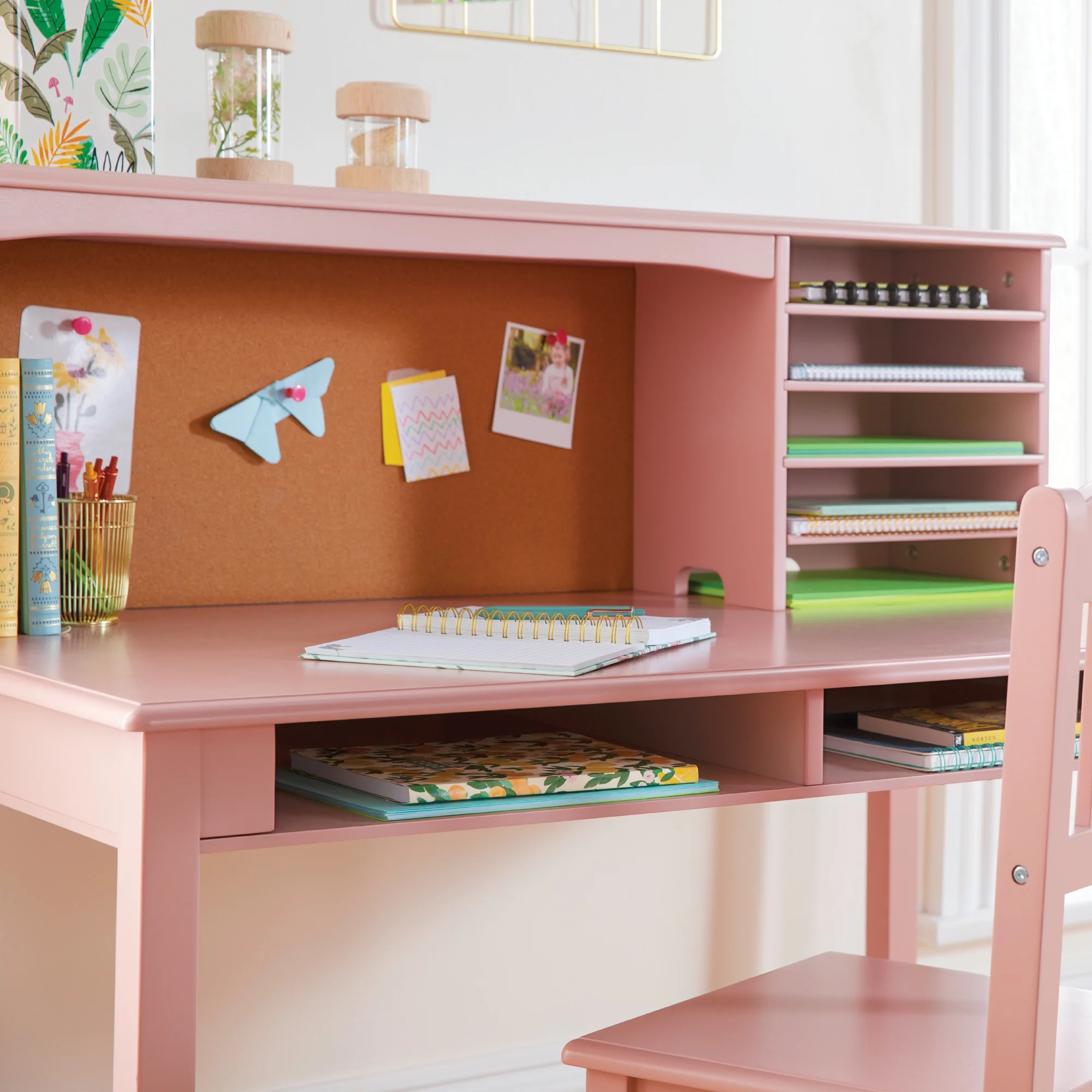 Guidecraft Kids Media Desk and Chair Set - Gray: Kids Desk and Chair Set, Study Table for Kids with Hutch and Shelf, Wood Bedroom Furniture Set
