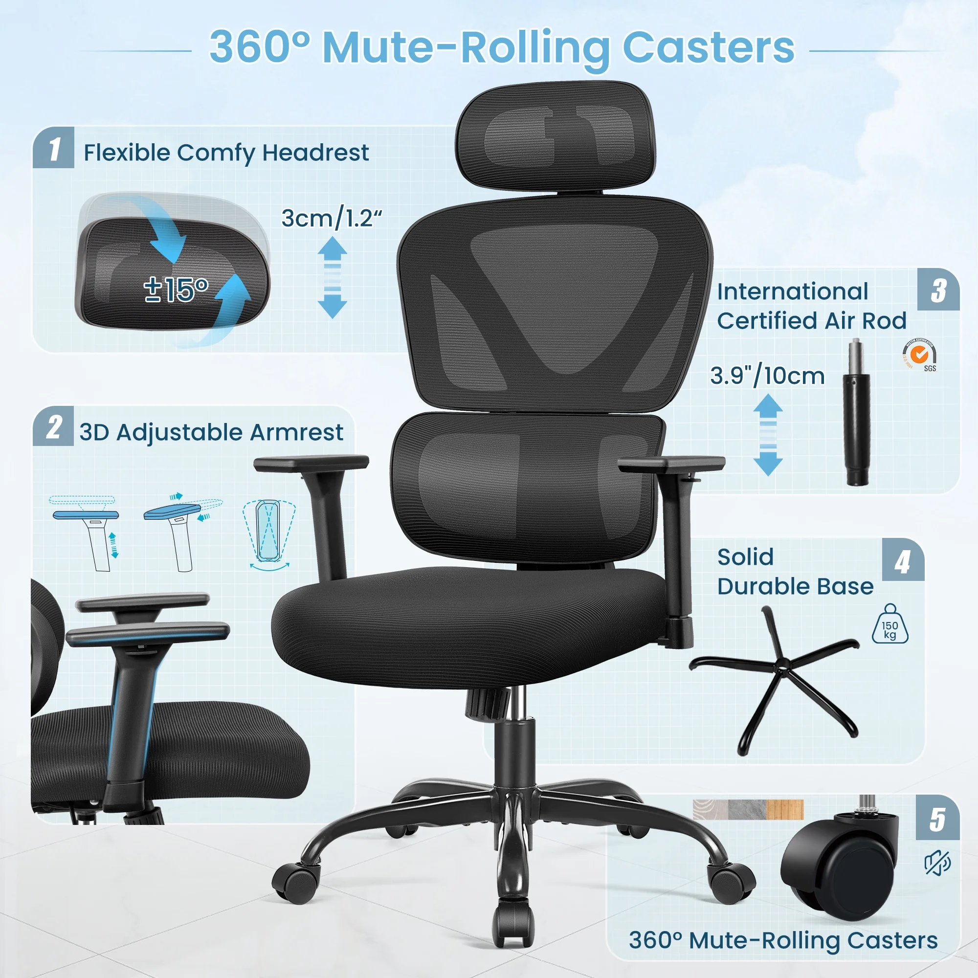 COOLHUT Ergonomic Office Chair, High Back Adjustable Computer Desk Chair with Lumbar Support, 500lb, Black