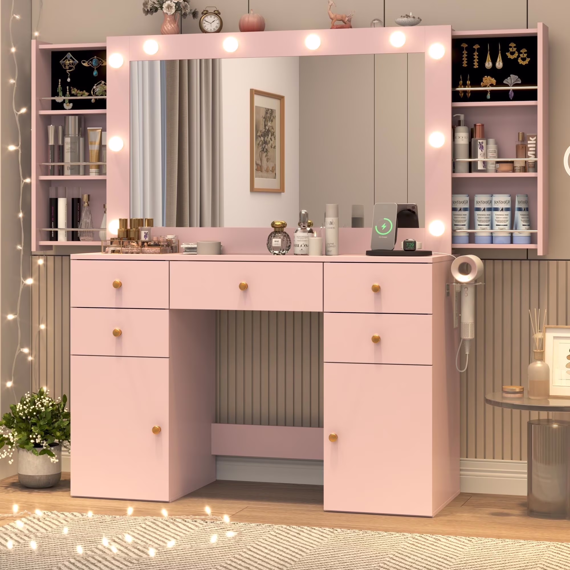 White Vanity Desk with Large Lighted Mirror & Power Outlet, Makeup Vanity Table with Glass Top & Drawers, Sliding Storage, 44.1