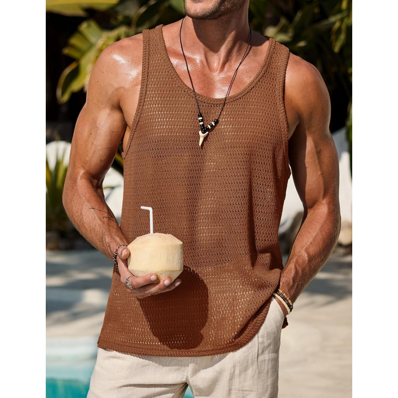 Men Mesh Hollow Out Tank Top Breathable See Through Beach Vest(S-XXL)