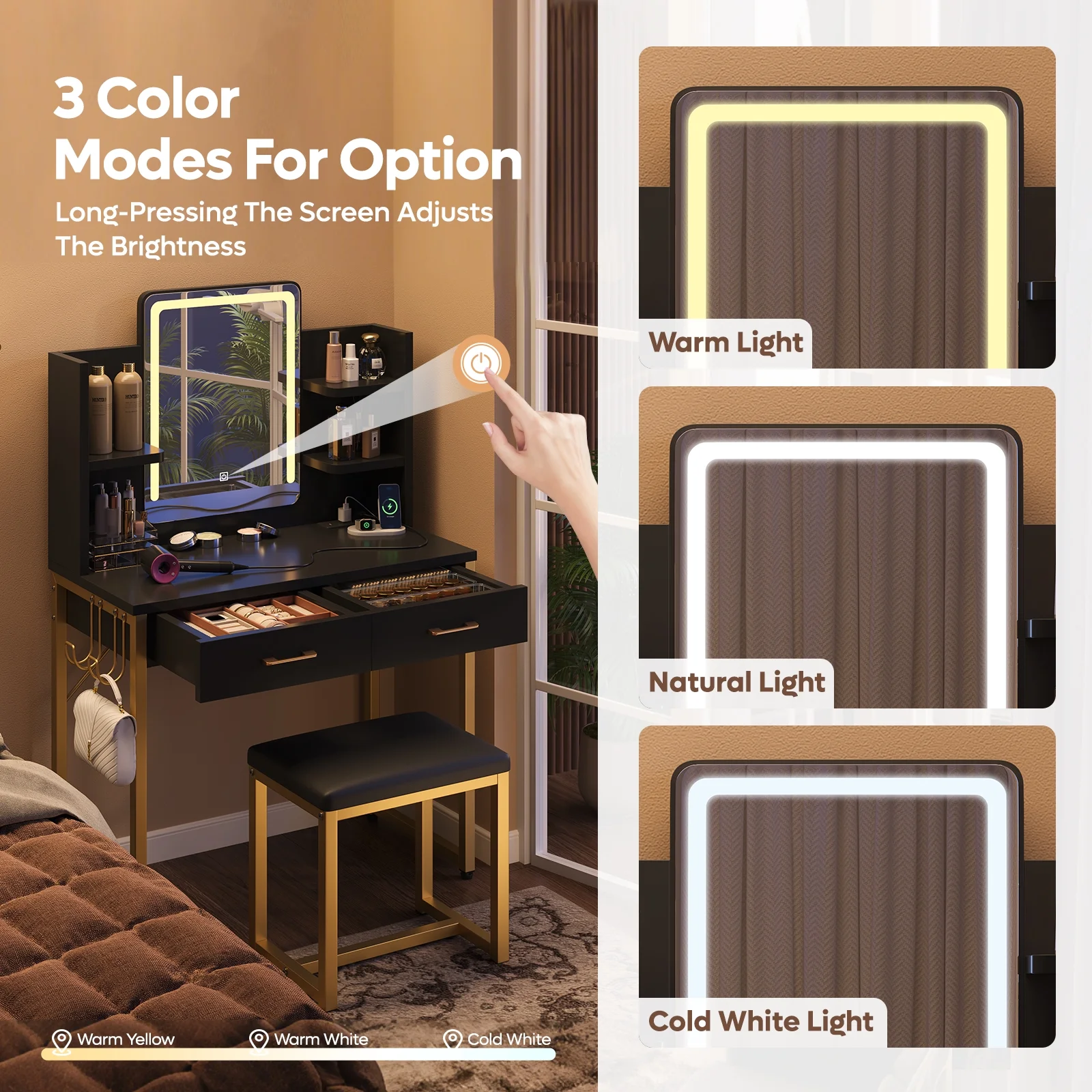 Bestier Makeup Vanity Set with Mirror and Lights, Vanity Desk with Drawers, Power Outlet & Cushioned Stool, Vanity Table for Bedroom,  Black