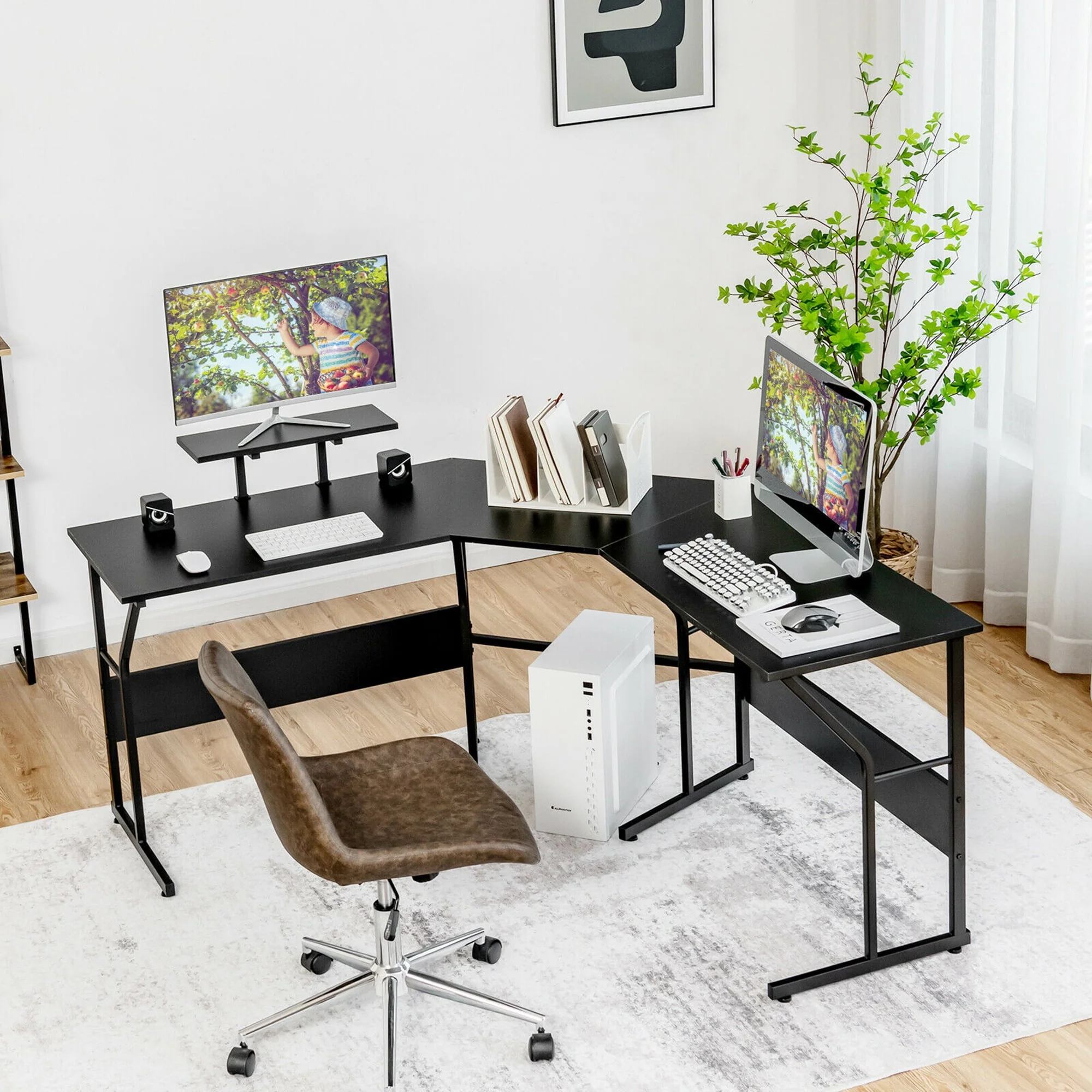 Gymax 88.5'' L Shaped Reversible Computer Desk 2 Person Long Table Monitor Stand Black