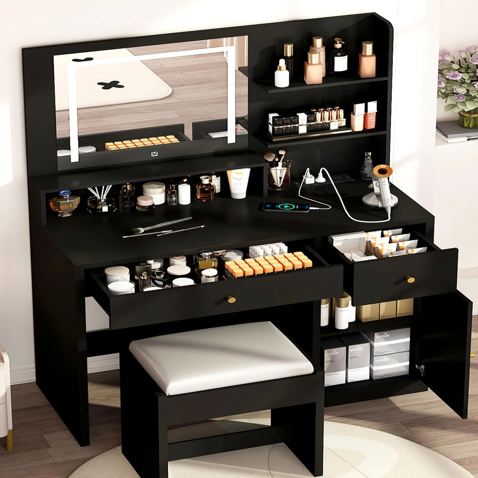 ChVans White Vanity Desk with Lighted Mirror & Charging Station, Vanity Table Set w/3 Storage Shelves,2 Drawers,Storage Cabinet & Makeup Vanity Cushioned Stool(White-37