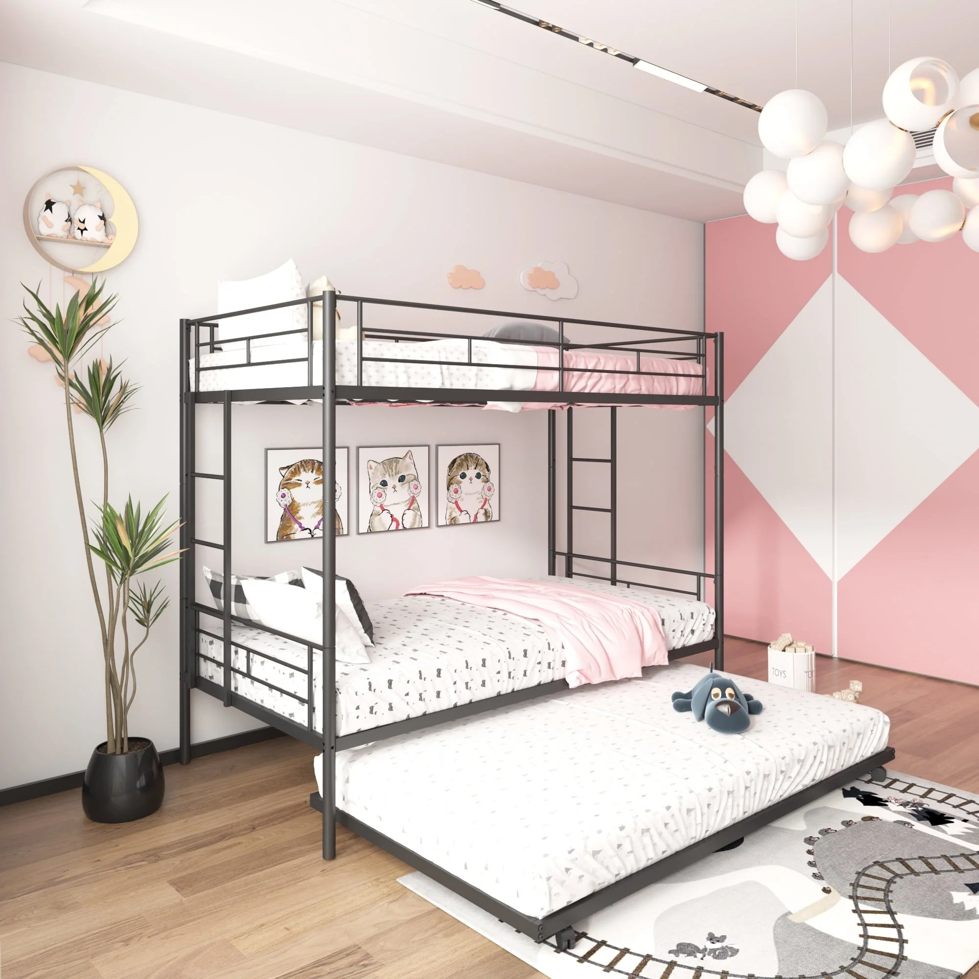 Twin Over Twin Metal Bunk Beds with Trundle, BTMWAY Convertible Metal Bunkbeds Twin Size, Can Be Divided into 3 Beds, with Side Ladders, No Box Spring Needed, 400lbs Capacity, Black