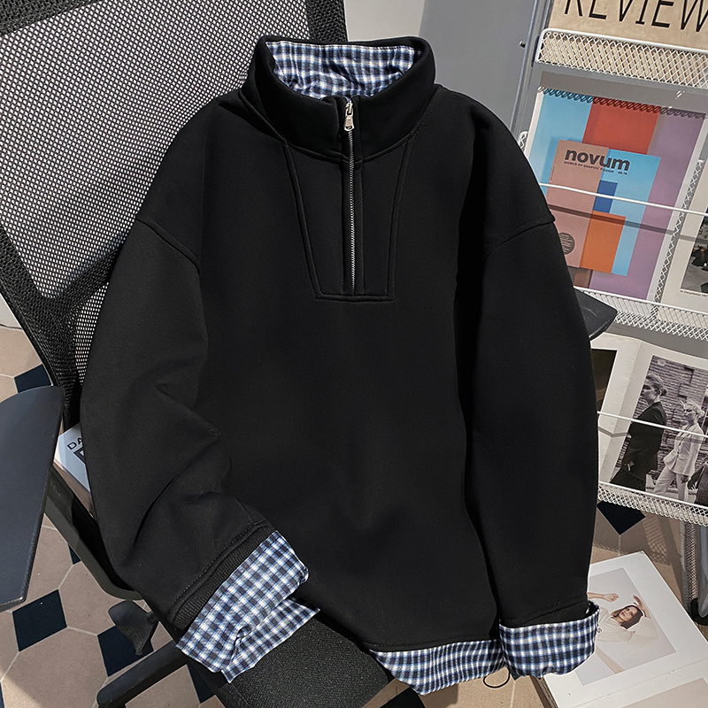 Plus velvet thermal tops cstand collar Pseudo-two hoodie for men