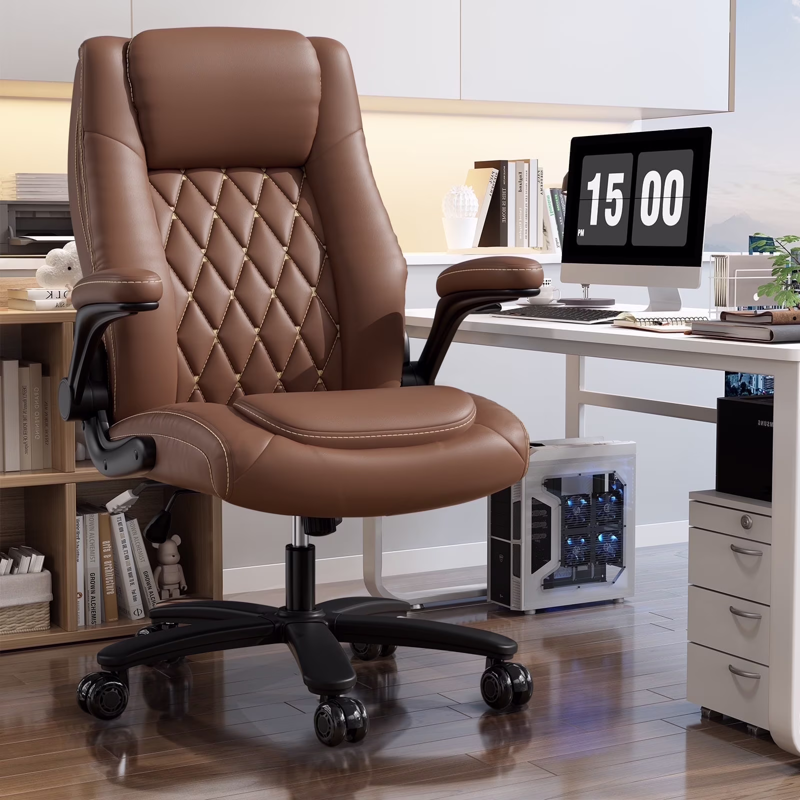Solfway Big and Tall Office Chair 400LBS, High Back Black Leather Executive Office Chair, Computer Desk Chair with Adjustable Flip-up Arms, Wheels and Lumbar Support
