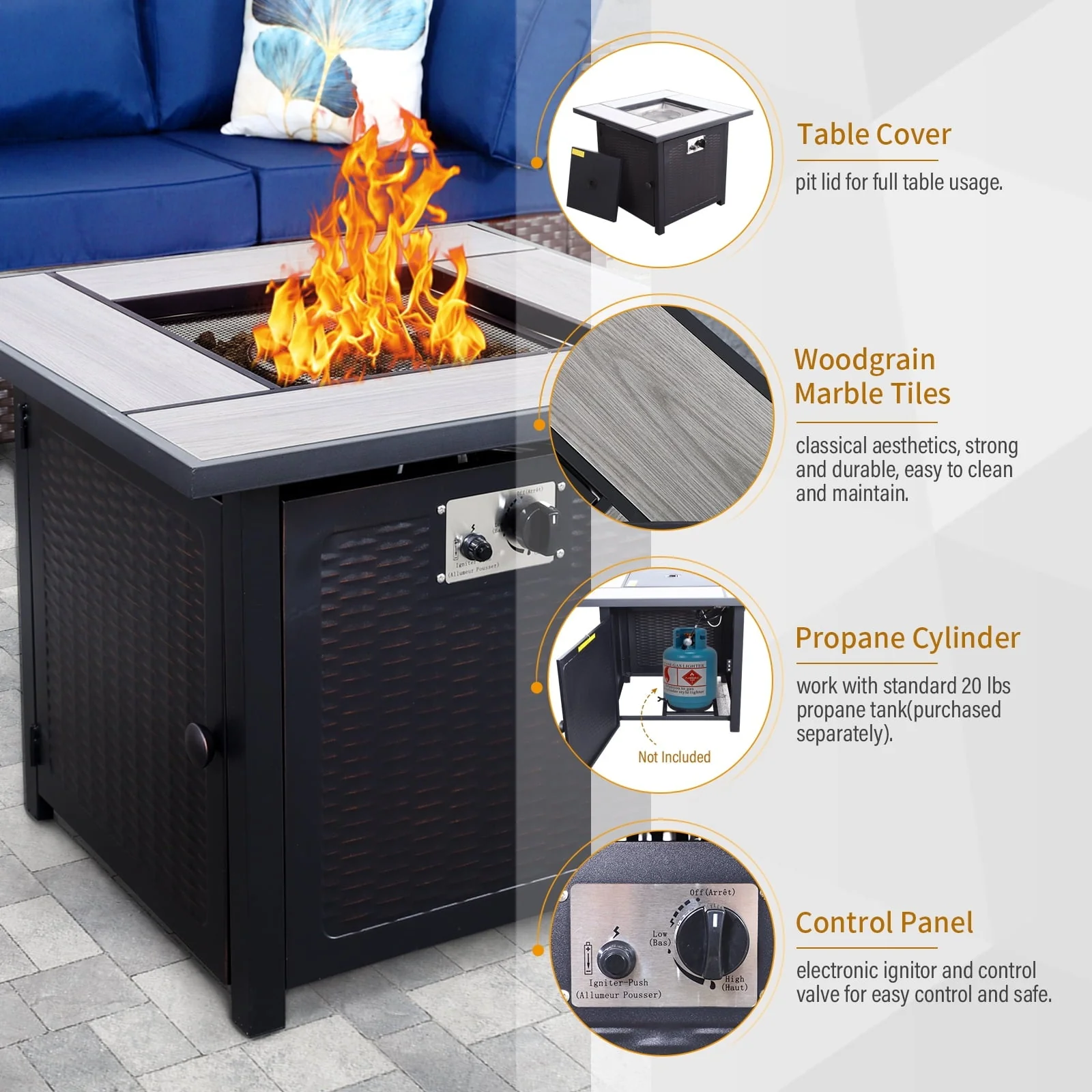 Waroom Patio Furniture Set 7-Piece 50000 BTU Propane Gas Fire Pit Outdoor Wicker Furniture Set Square Steel Pit Table with Storage Box and Glass Coffee Table, Royal Blue