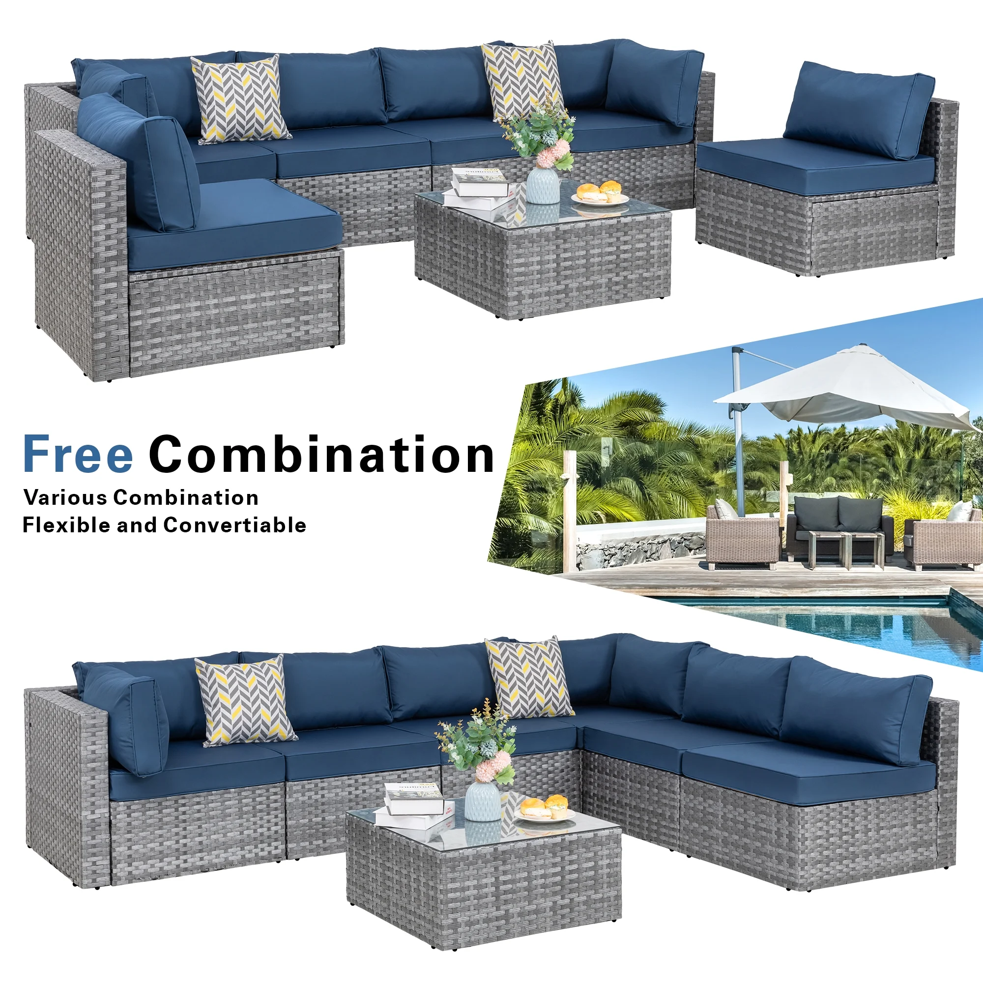 Walsunny 7 Piece Outdoor Patio Conversation Set, Rattan Sectional Sofa Set, All-Weather Outdoor Modern Sectional Furniture Wicker Couch with Glass Coffee Table,Navy Blue