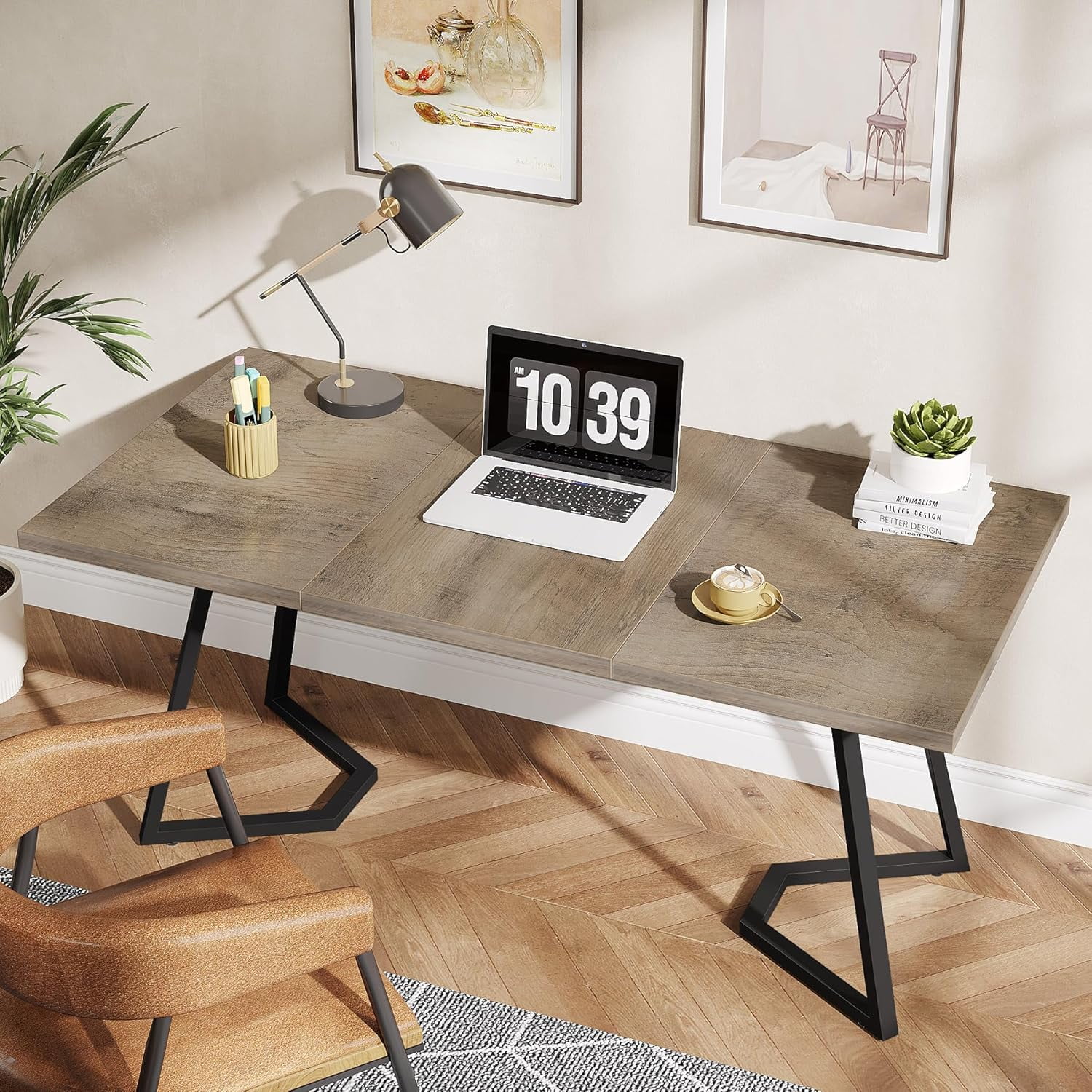 Finmind Modern Home Office Desk, Adult Study Writing Table with Metal Legs, White & Gold, 55.11