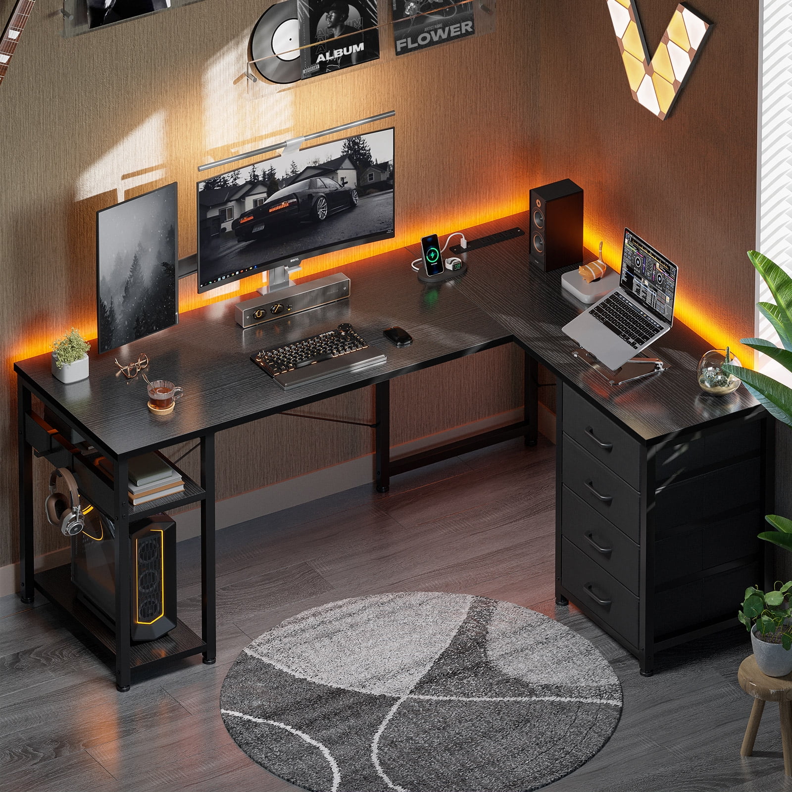 Reversible Modern Simple Style L Shaped Desk with Charging Station and Drawers, Pure Black