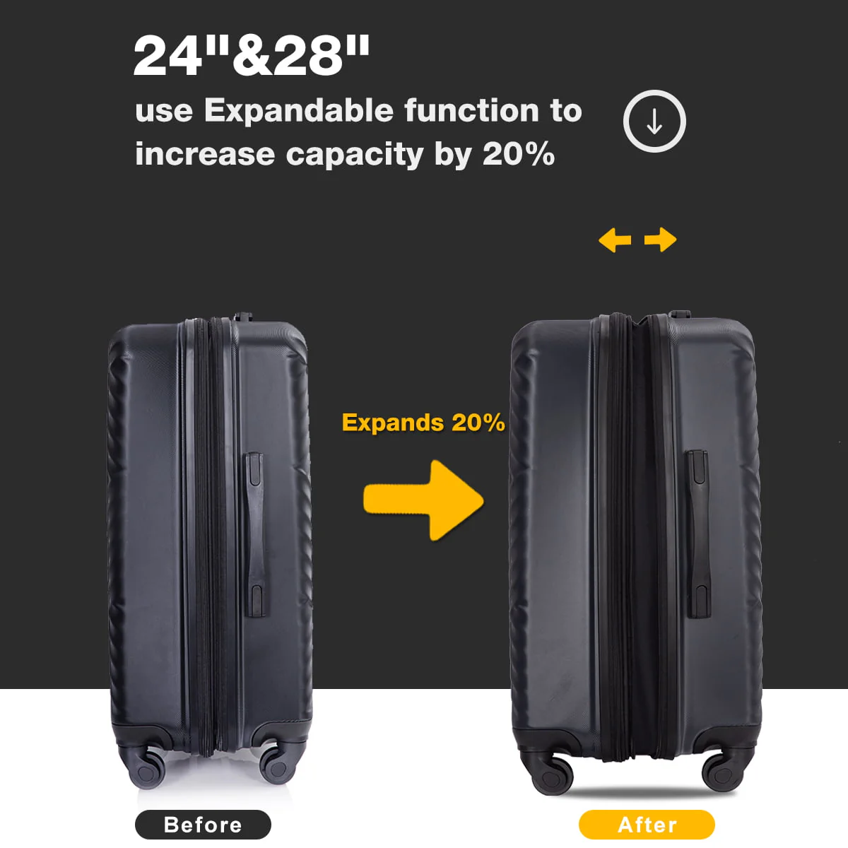 Travelhouse 3 Piece Luggage Set Hardshell Expandable Lightweight Suitcase with TSA Lock Spinner Wheels 20in24in28in.(Black)
