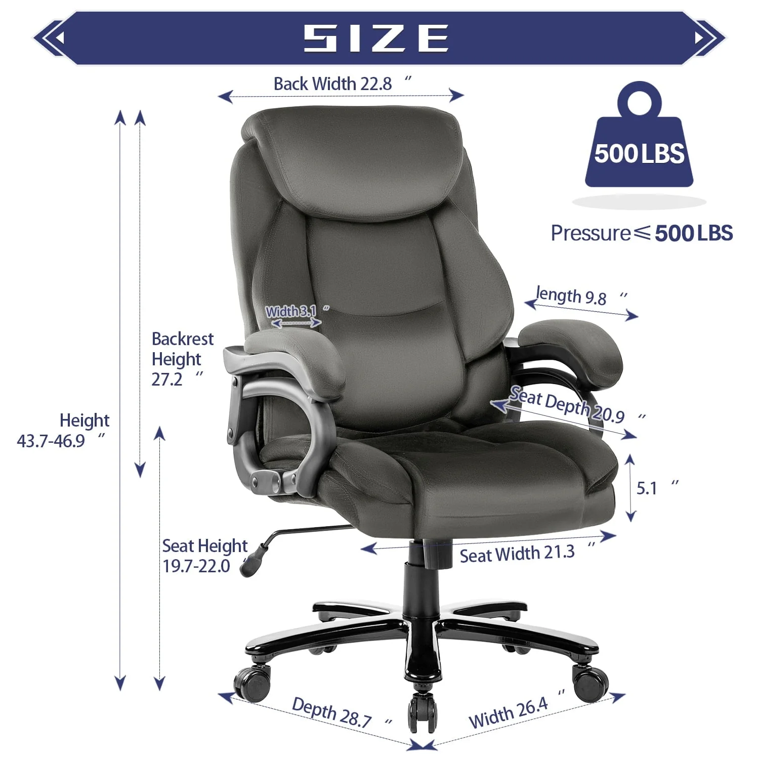 JONPONY Home Office Chair, Big and Tall Chair 8 Hours Heavy Duty Design, Ergonomic High Back Cushion Lumbar Back Support, Computer Desk Chair, Adjustable Executive Leather Chair with Arms,Grey