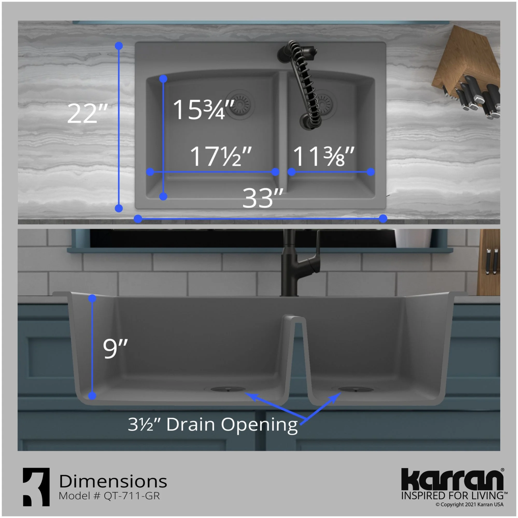 Karran QT-711 Drop-In Quartz Composite 33 in. 1-Hole 60/40 Double Bowl Kitchen Sink in Grey
