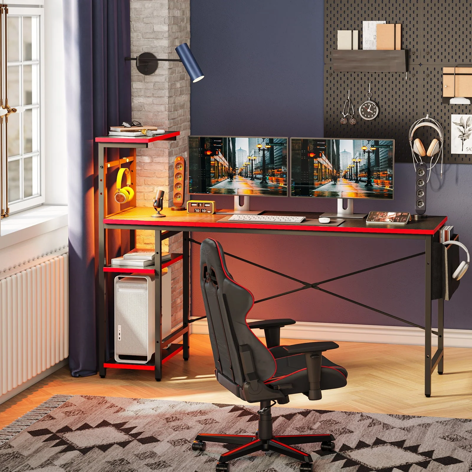 Bestier Reversible 63 inch Gaming Desk Computer Desk with LED Lights 4 Tier Shelves Carbon Fiber