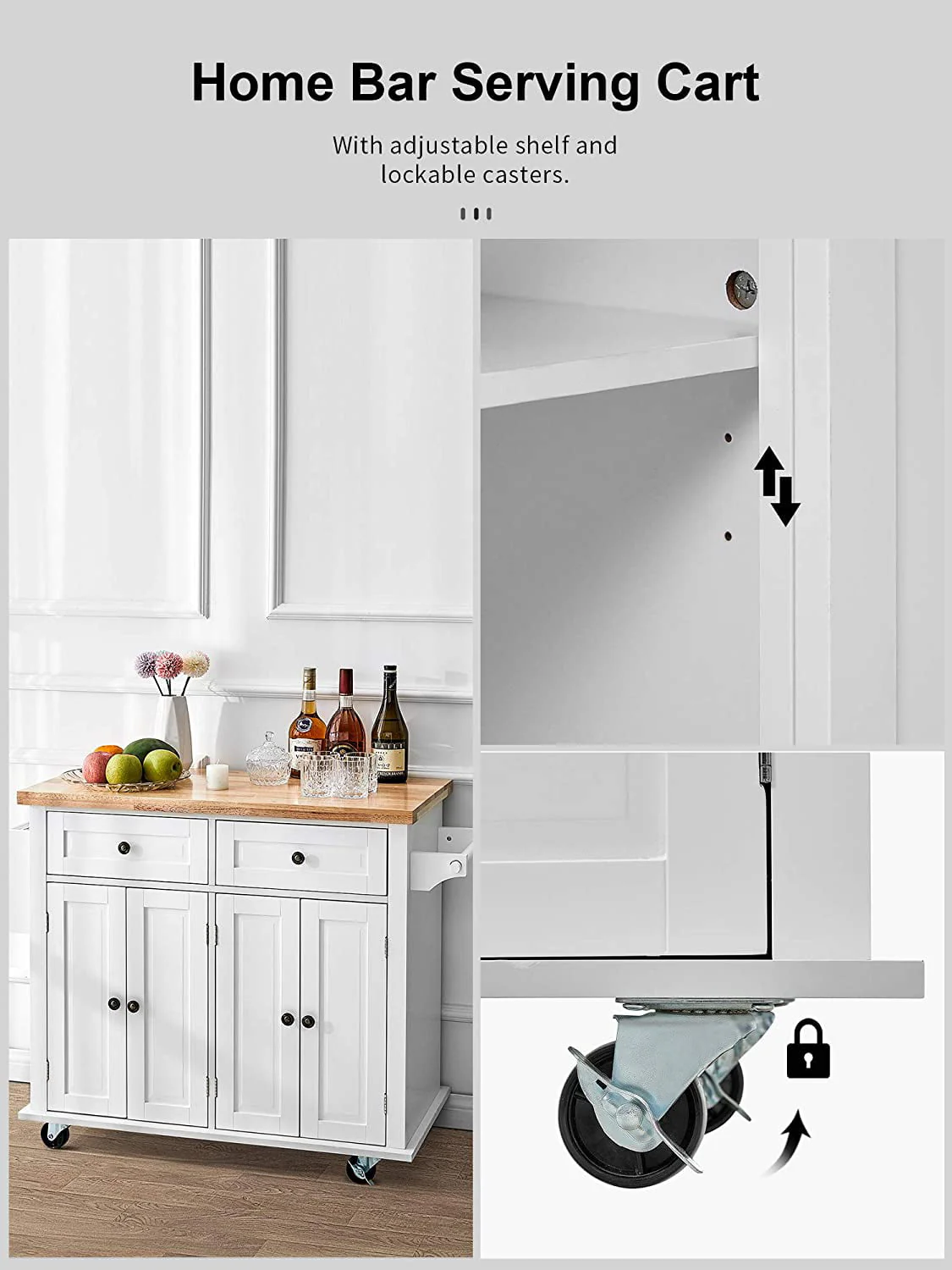 Homfa 35.5'' Kitchen Island Cart on Wheels, 2 Drawers Storage Cabinet Kitchen Cart with Rubberwood Countertop, Lockable Casters, White