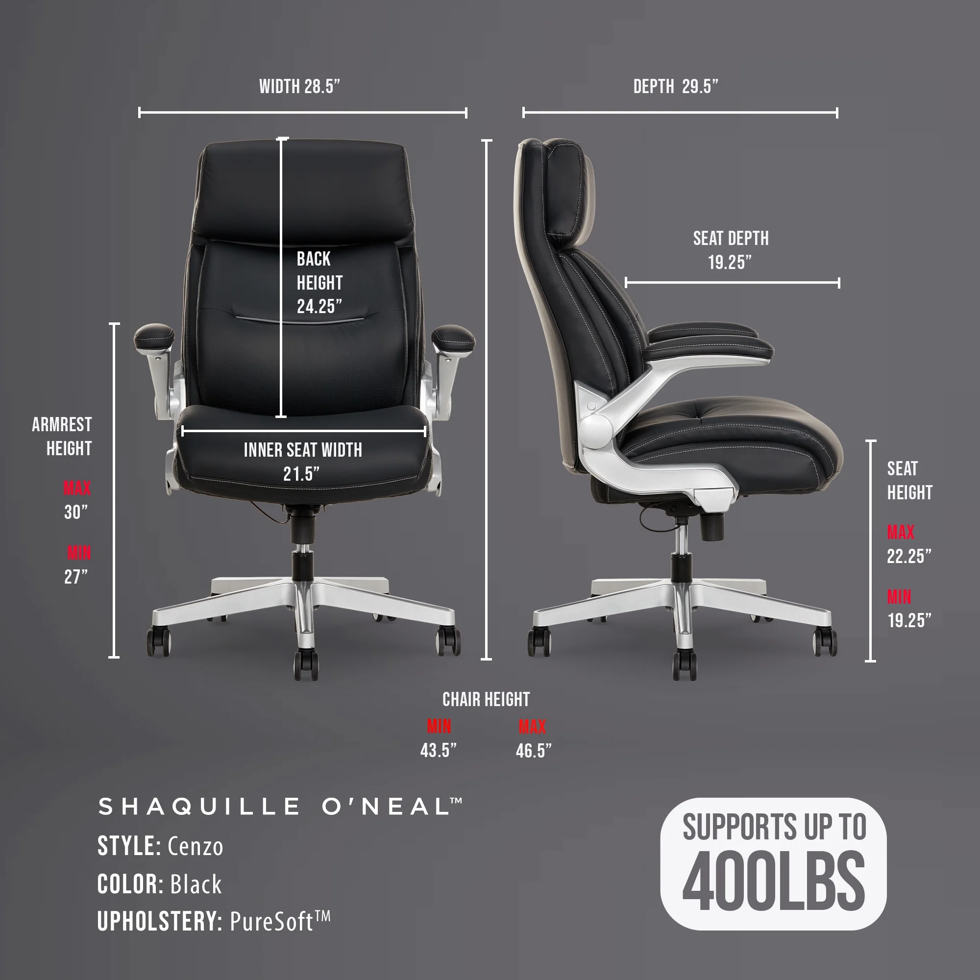 Shaquille O'Neal Cenzo Ergonomic Big and Tall Office Chair ,Flip-Up Arms PureSoft Upholstery High-Back Desk Chair with 400 lb Capacity, Black