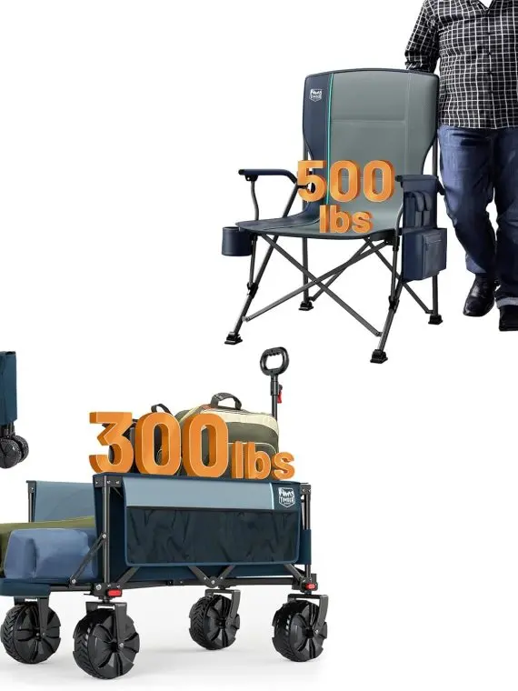 Extra Large Camping Chair with High Back Support & 47″ Folding Wagon - Supports Up to 500lbs