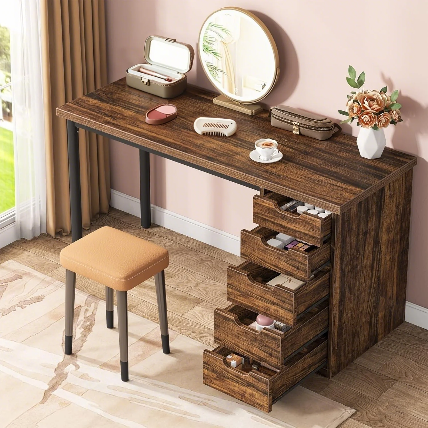 Tribesigns 47 inches Vanity Desk with 5 Drawers, Rustic Makeup Dressing Table with Storage, Modern Simple Computer Desk for Women, Girls (Brown)