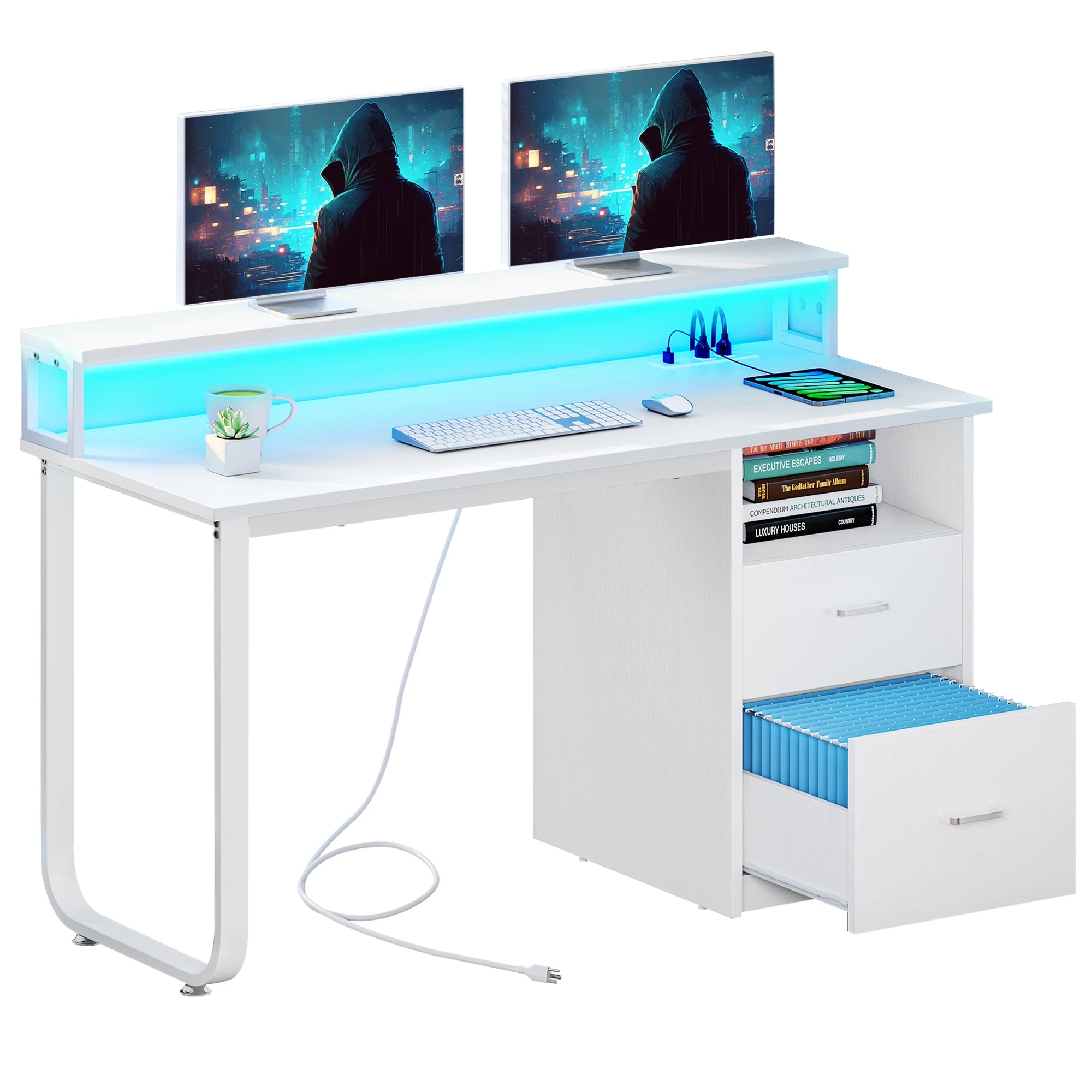 Dextrus 47 inch Computer Desk with Storage Drawers & LED Light, Office Desk with Monitor Stand & Power Outlets, Work Study PC Desk for Small Spaces, Home Office, Oak