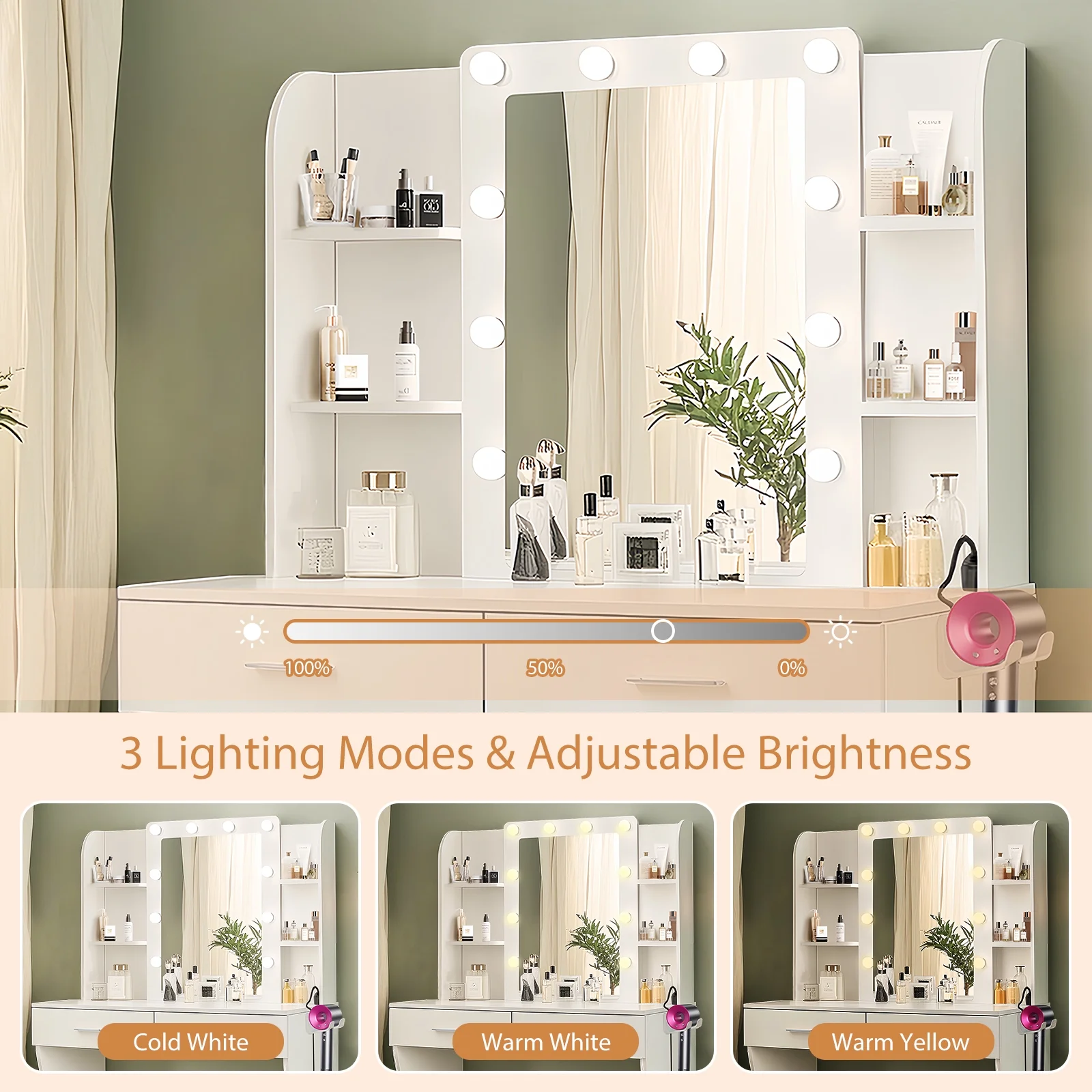 Vanity Desk with Mirror and Lights, Makeup Vanity with Drawer & Storage Cabinet, 3 Lighting Modes Adjustable Brightness, Makeup Desk with Open Shelves for Bedroom, Dressing Room, White