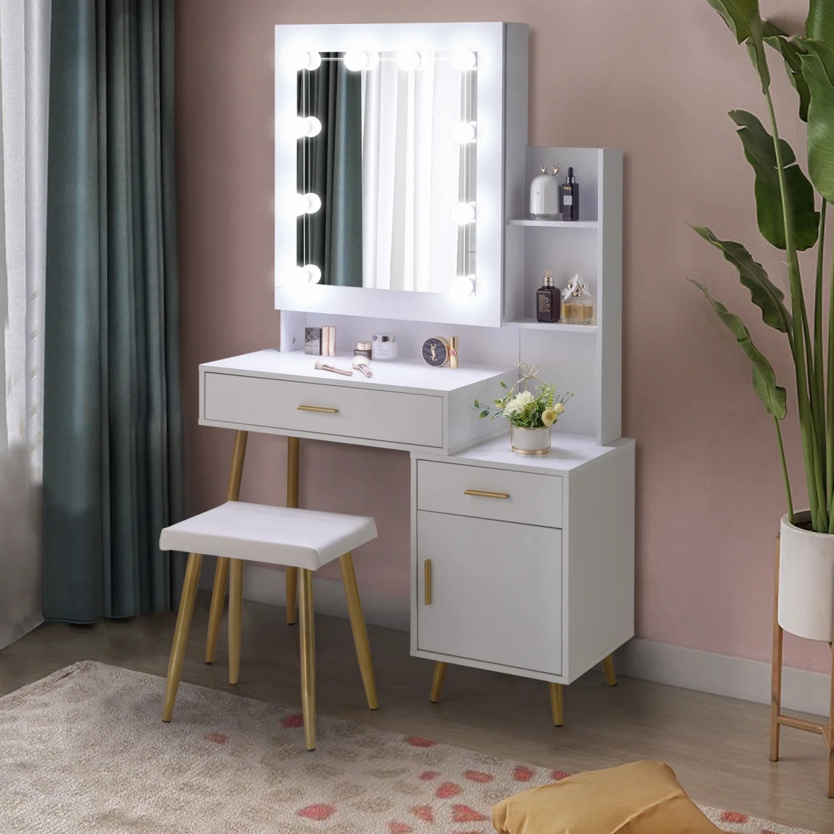 Black Bedroom Makeup Vanity Set, Vanity Desk with Light, Mirror and Cushioned Stool, Modern Makeup Dressing Table for Girls, Wife, Daughter, Mother, Adjustable Light Brightness