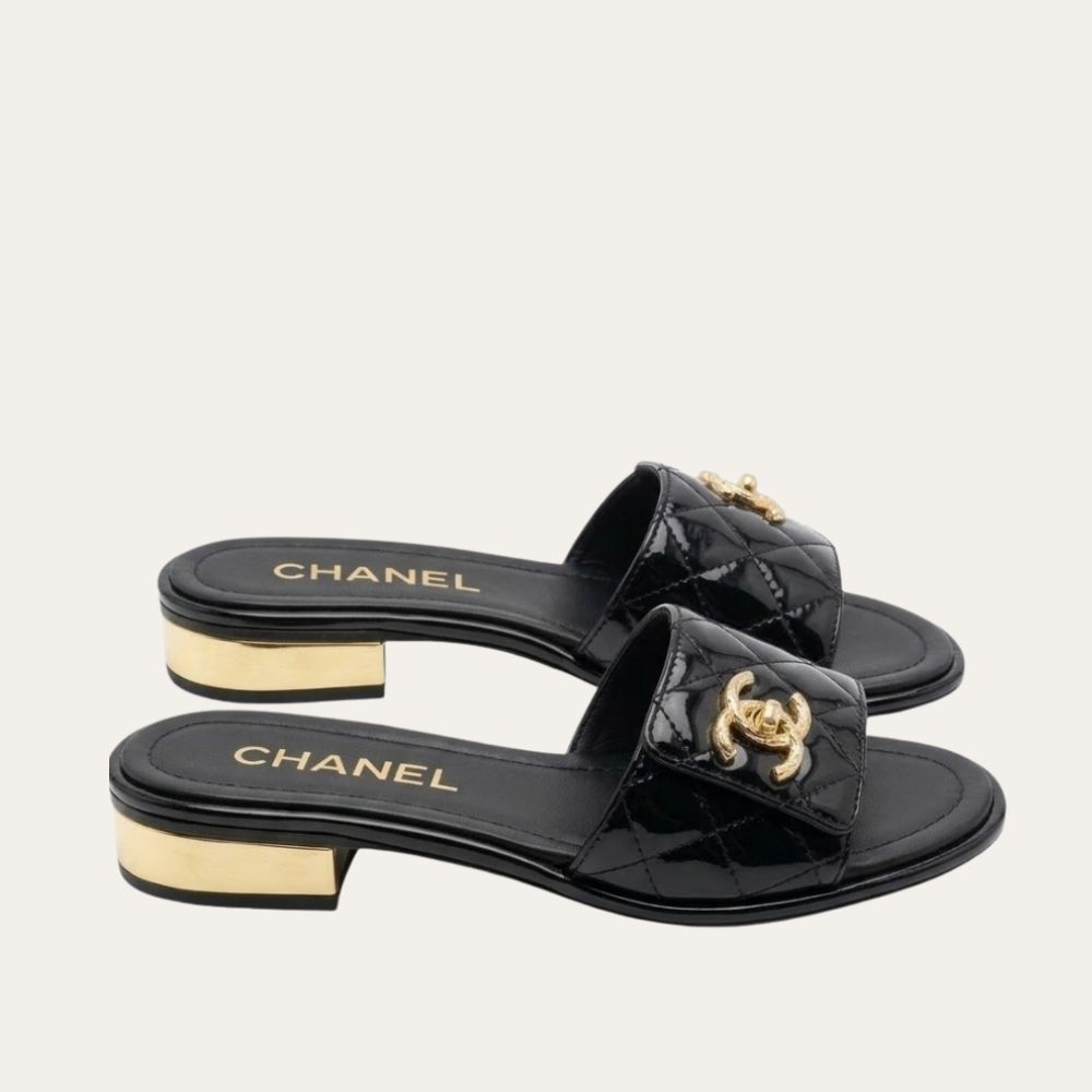 Chanel Quilted Patent Slides Black