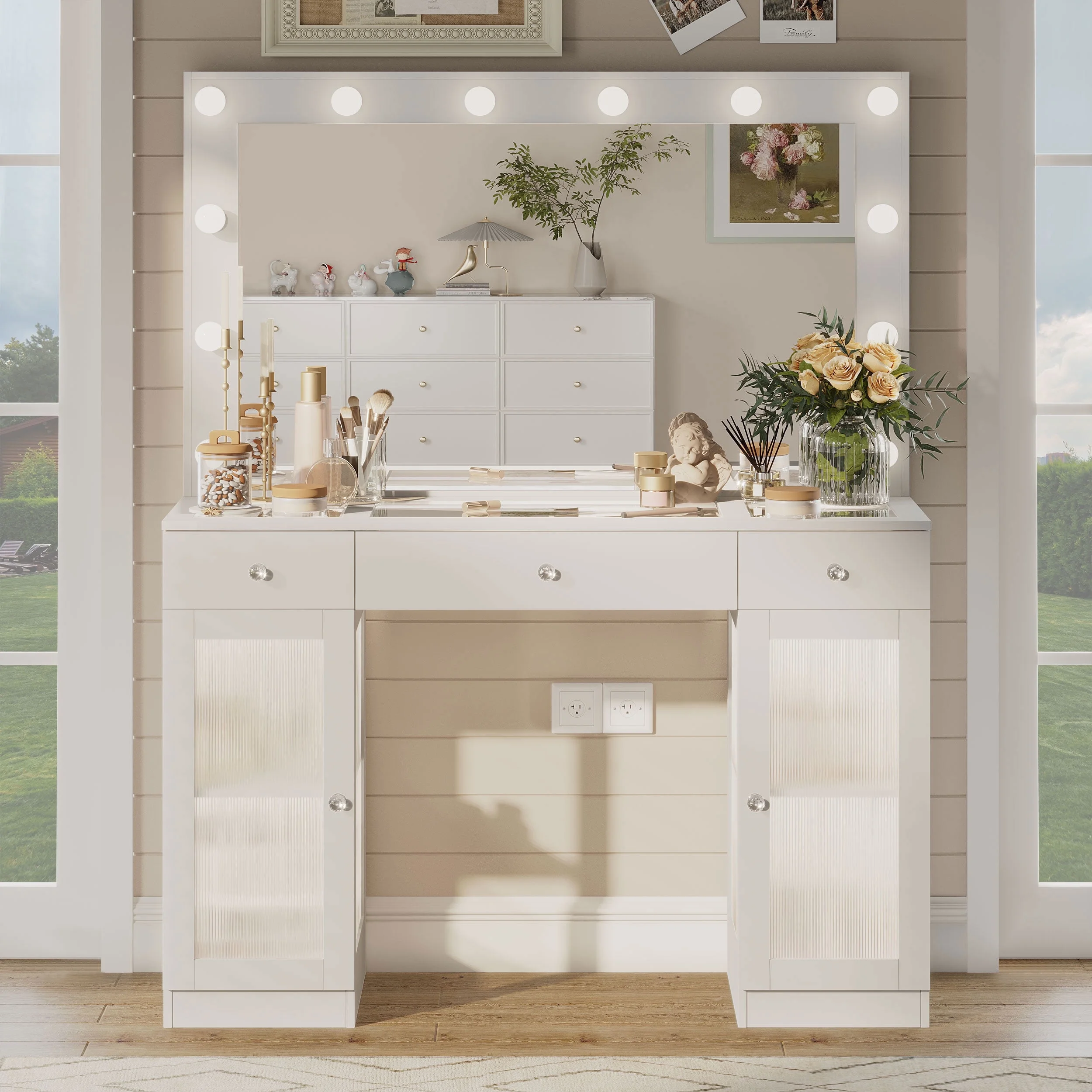 ABOVOBA Vanity Desk with Mirror and Lights,3 Drawers and Power Outlet Makeup Vanity for Women,White