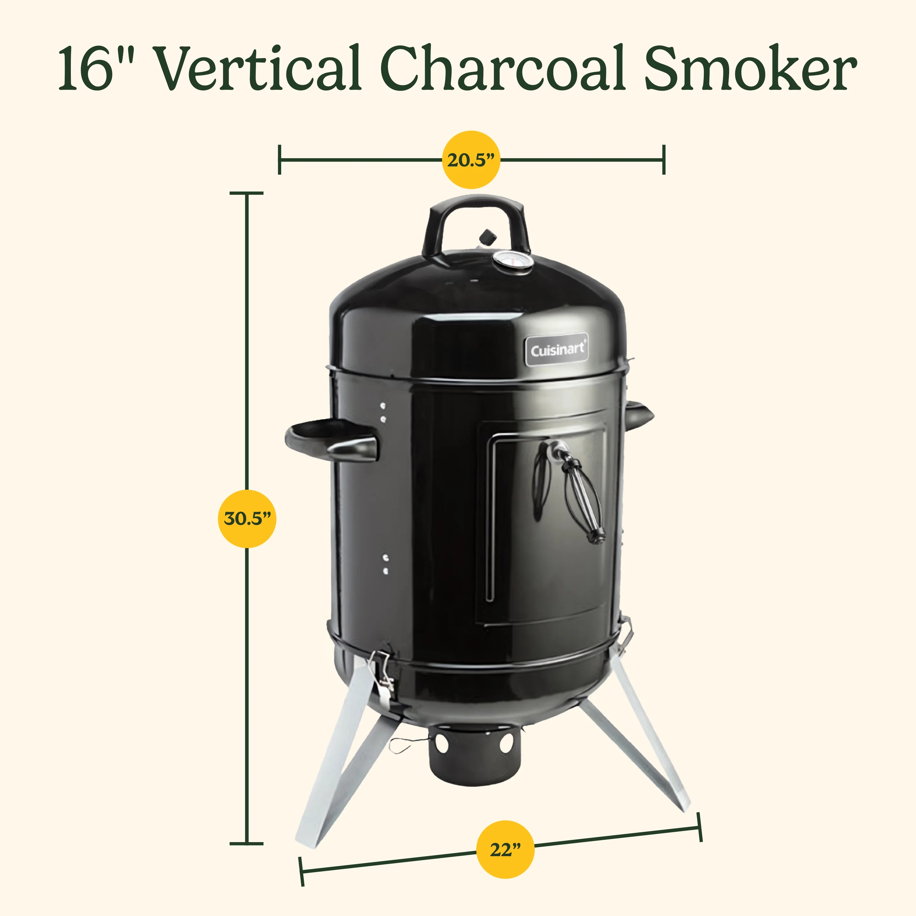Cuisinart 16�� Vertical Charcoal Smoker, Integrated Thermometer, Water Bowl and Dual Vents Perfect for Smoked Brisket, Chrome Plated Grates Smoker Grill for BBQ, Camping, Tailgates