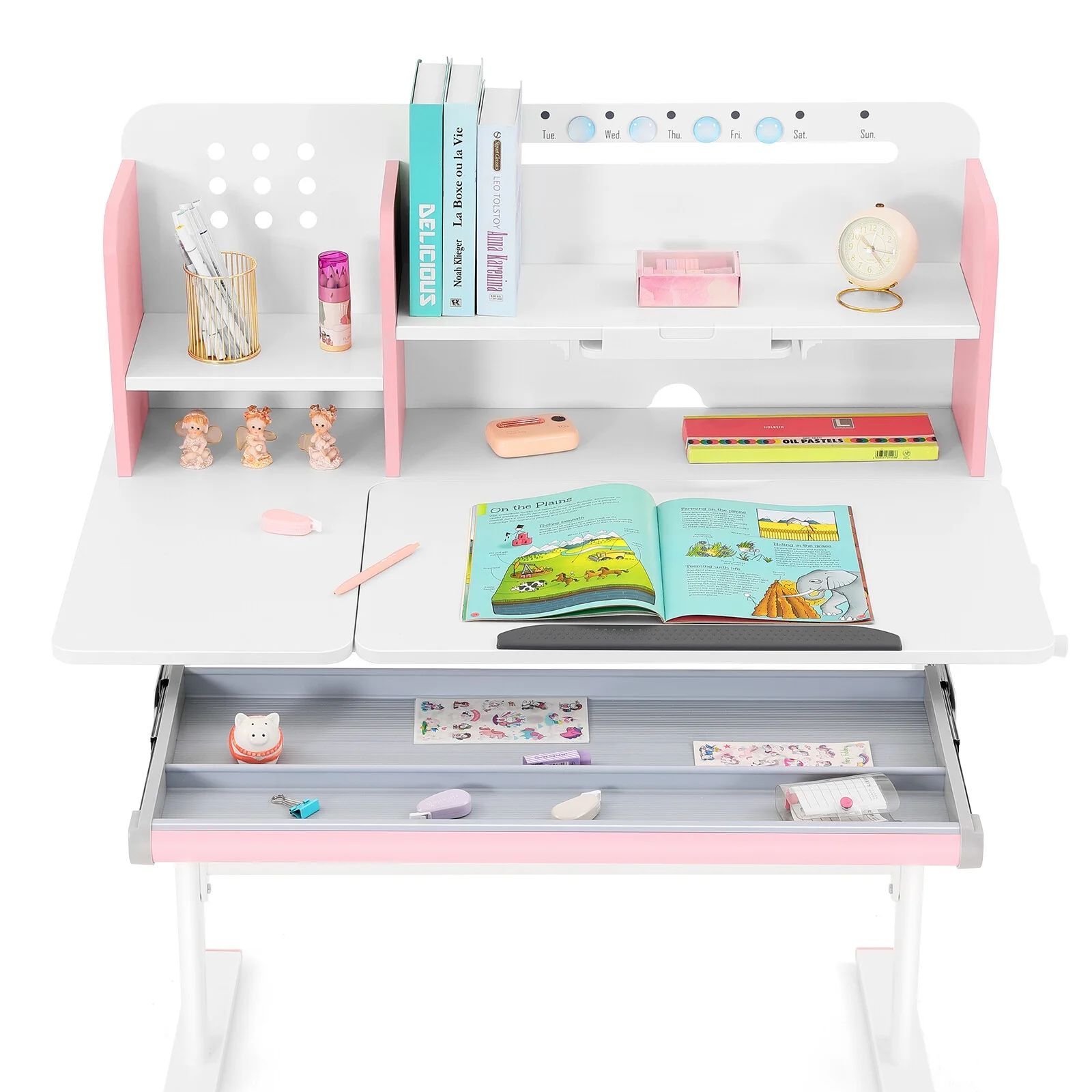 Adjustable Height Ergonomic Kids Study Desk & Chair Set Children Students Drafting Table Home School with Shelf,Drawer(Gray)