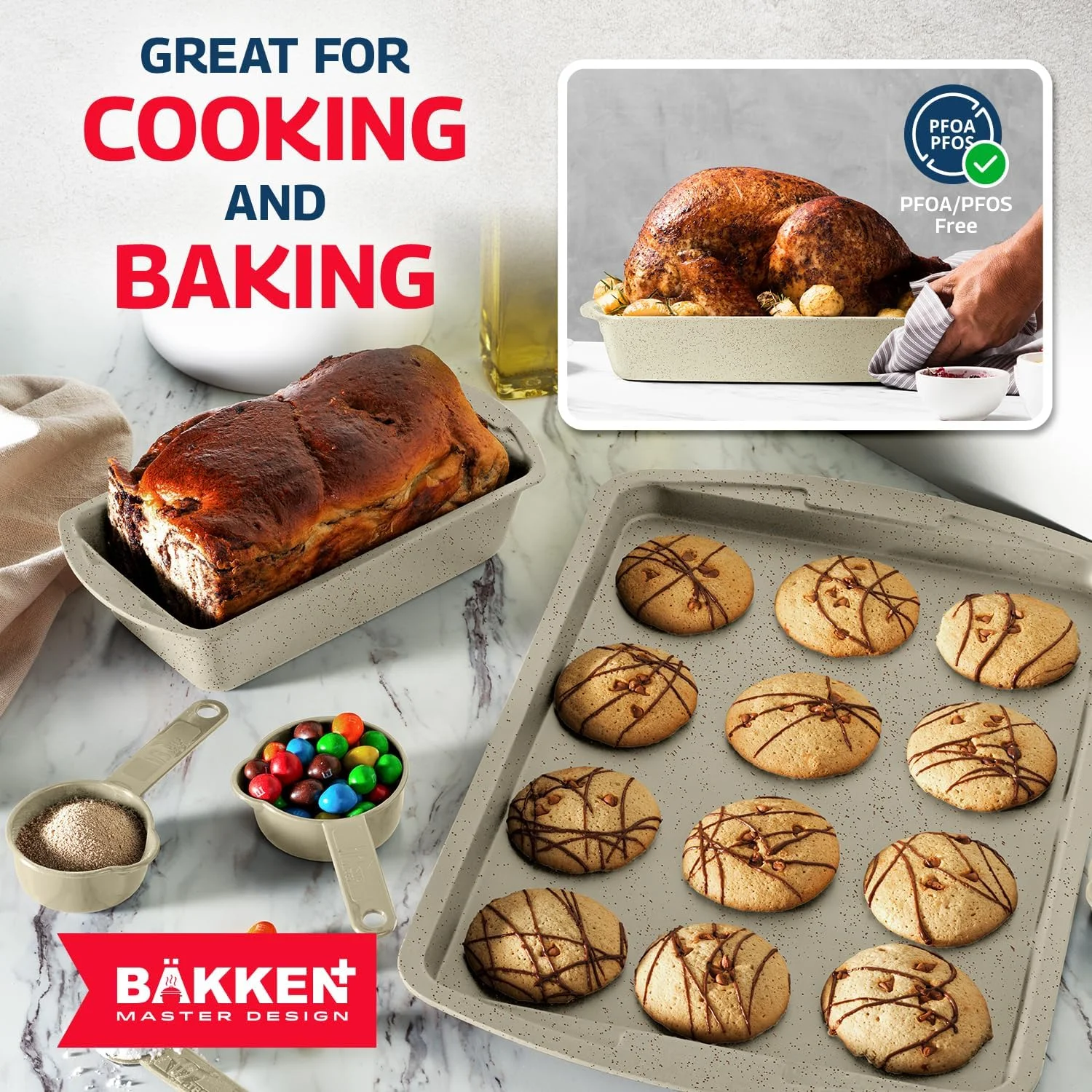 Bakken Master 38 Piece Granite Cookware and Bakeware Set �C Nonstick Granite Coating, Pots and Pans with Detachable Handles and Tempered Glass Lids, 6-piece Bakeware set, 12-piece Mixing Bowls,Brown