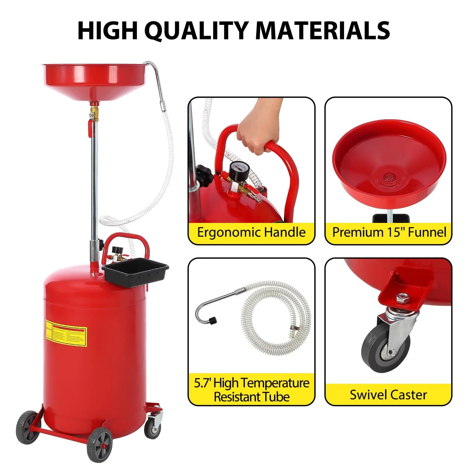 Pinypikaka 8 Gallon Waste Oil Drain Tank, Portable Oil Drain Container, Air Operated Drainer, Fluid Fuel Transfer Drainage, Adjustable Funnel Height with Wheel &15'' Premium Bowl and a Toolbox