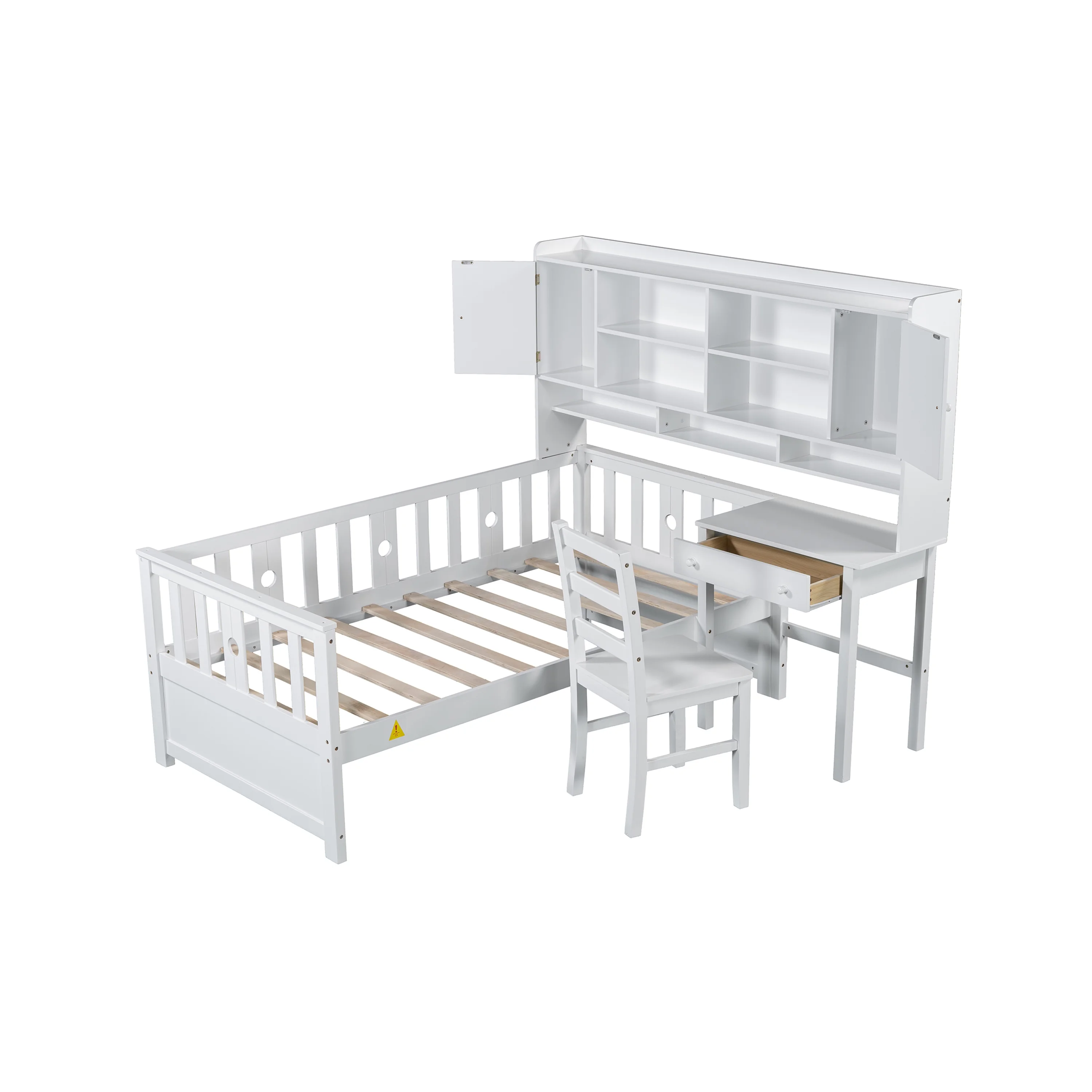 Euroco Wood Twin Size Platform Bed with Desk and Shelves, Table and Chair Set for Kids, Natural