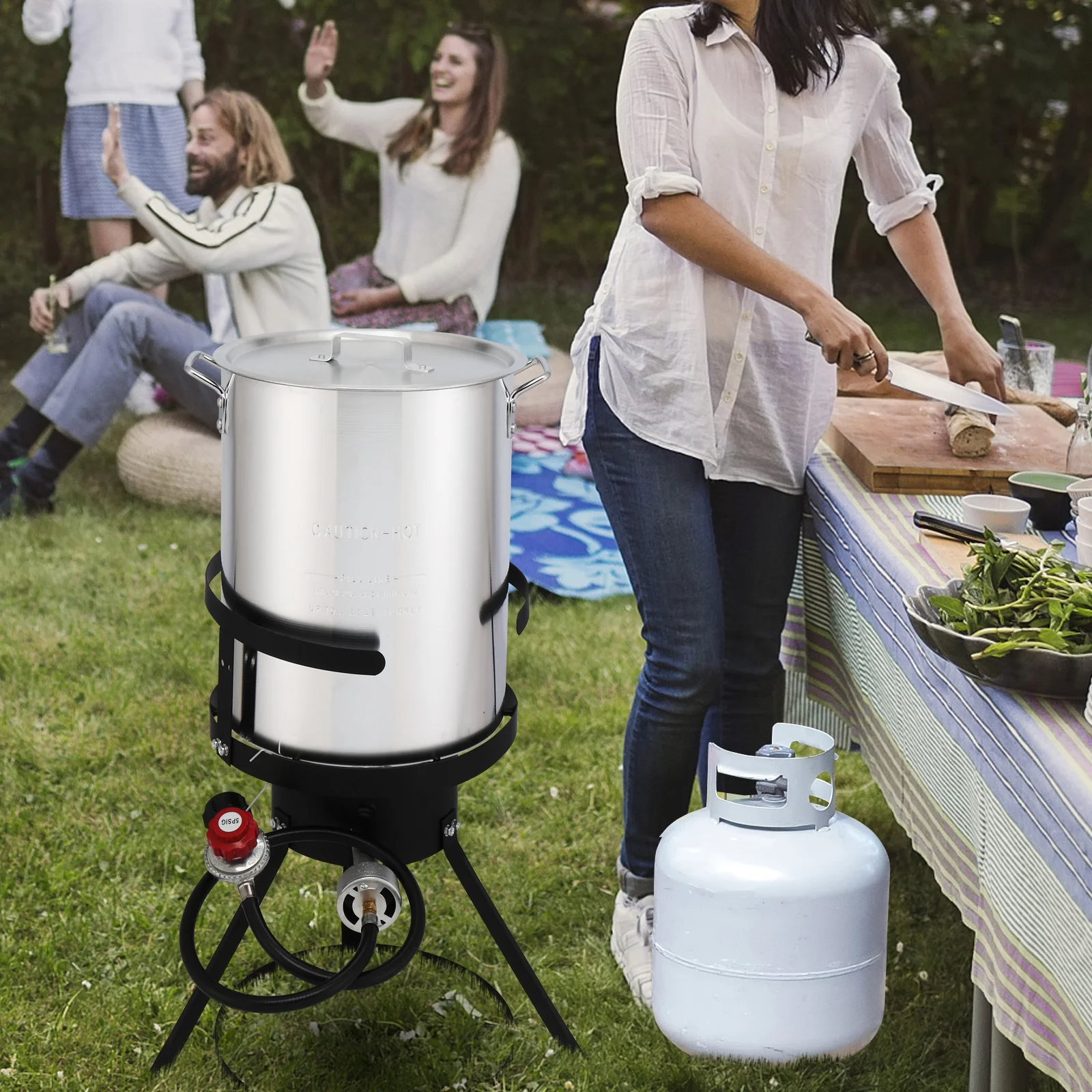 Black Round Iron Stove Frame, Silver Aluminum 30qt Turkey Pot 10qt Fish Pot, Gas Fryer - 13*32inch Four-Piece Set