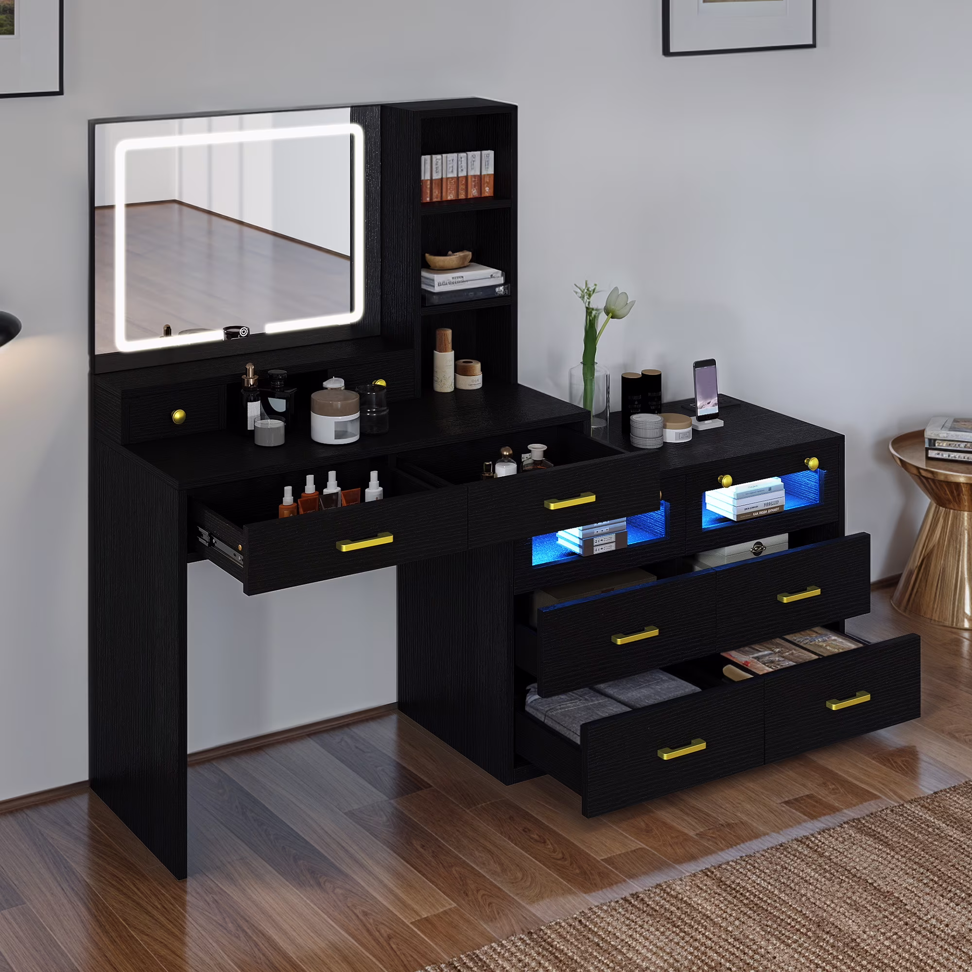 Uforic Vanity Makeup Desk with LED Light Mirror & Power Outlet, 10 Drawers, 4 Storage Shelves, 3 Color Modes & Adjustable Brightness Dressing Table, Corner Vanity,L Shape Change, 65