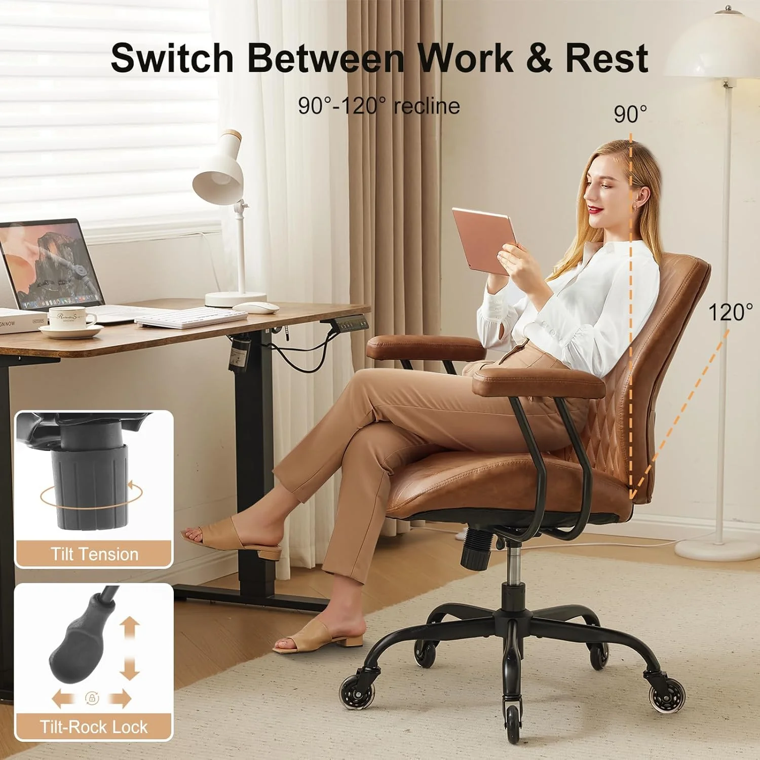 QW Home Office Desk Chair Office Rubber Casters Ergonomic Computer Chair with Lumbar Support Adjustable Height Rolling Swivel Executive Task Armrests Chair??? Brown Leather