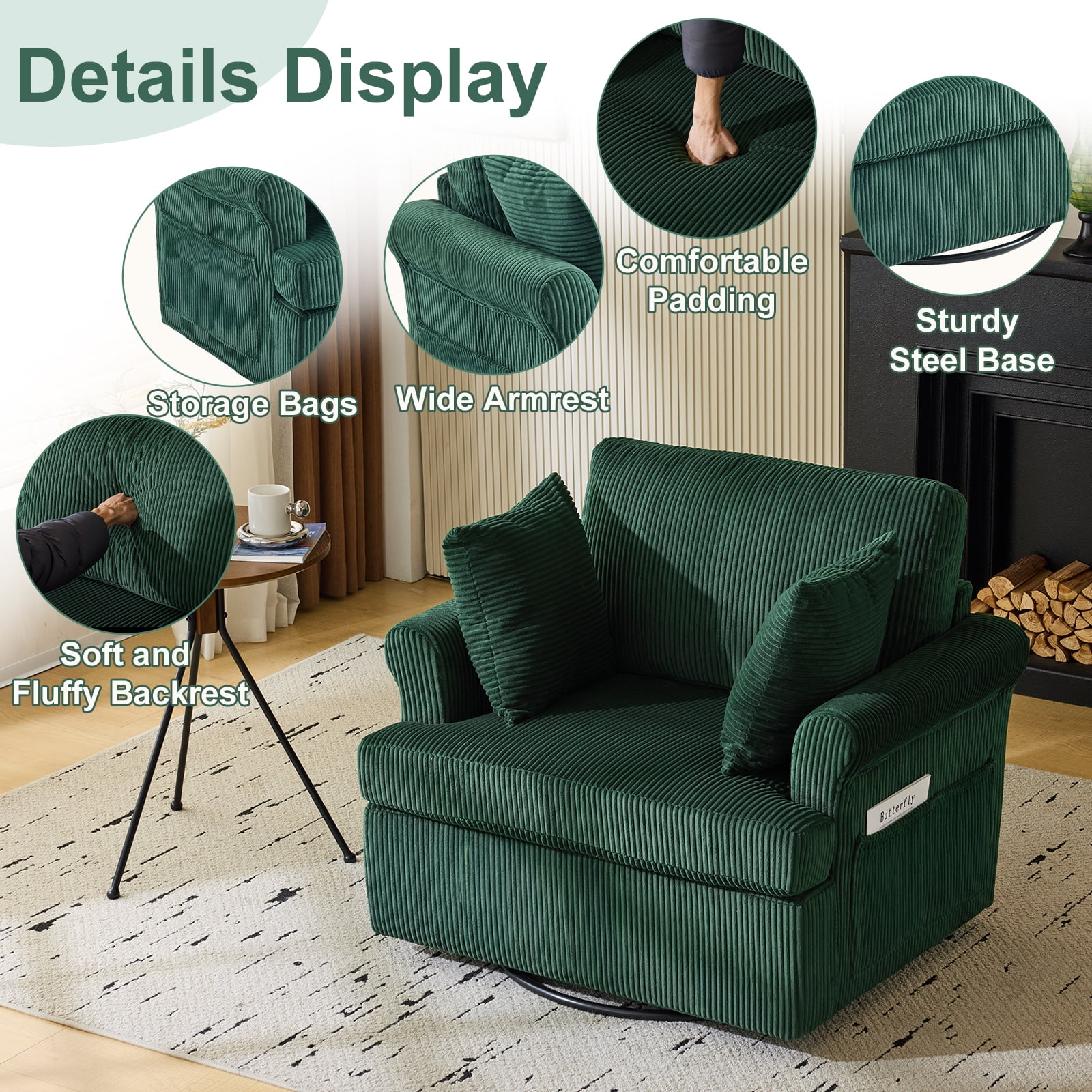 Ktaxon Swivel Accent Chair, 360-Degree Rotation Reading Chair, Corduroy Fabric Sofa with Armrest Pockets, Solid Metal Base, Perfect for Living Room Bedroom Black