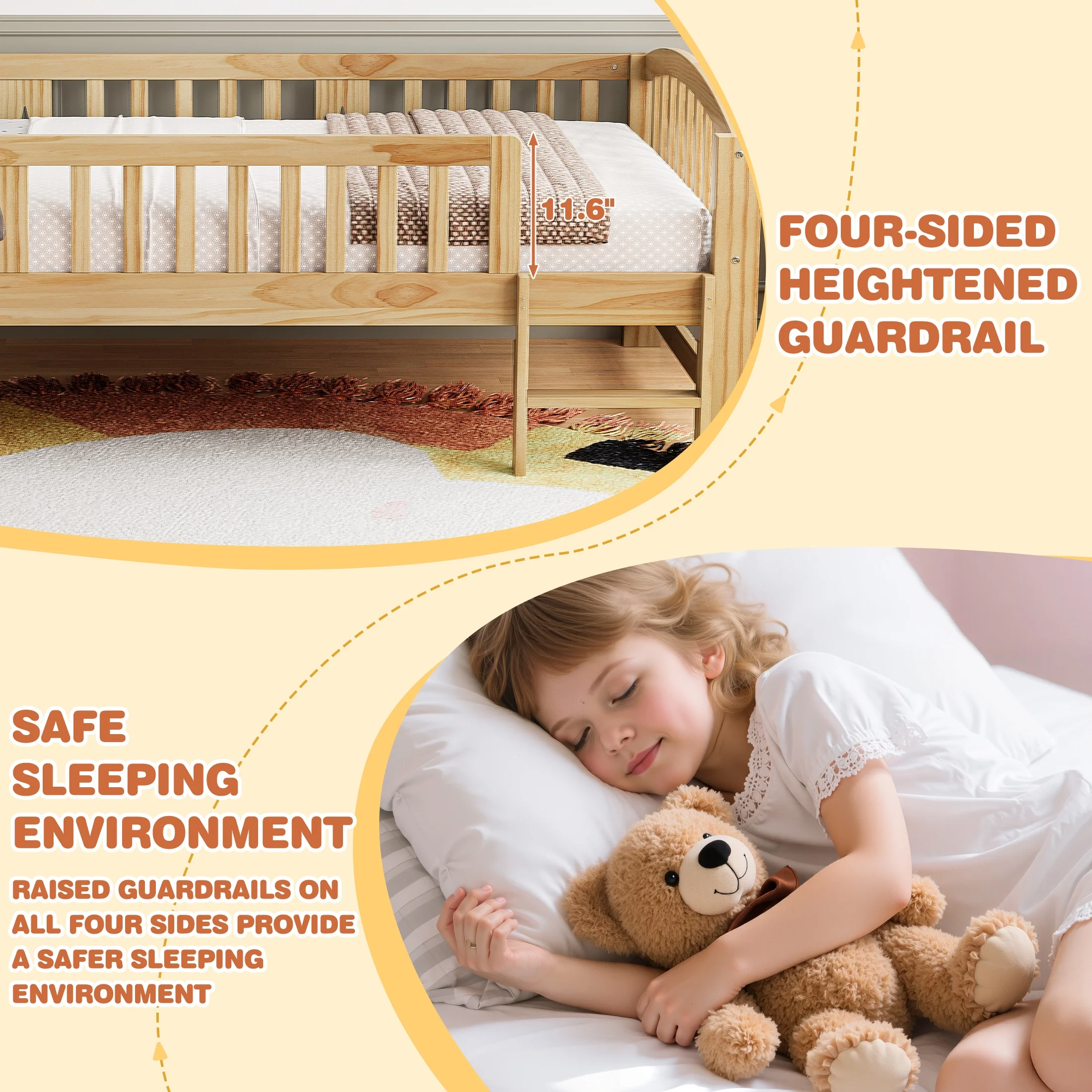 PORKISS Twin Size Platform Bed, Solid Wood Toddler Bed with Fence Guardrail Ladder, Twin Size Bed Frame for Kids Boys Girls, Montessori Bed, No Box Spring Needed, Natural