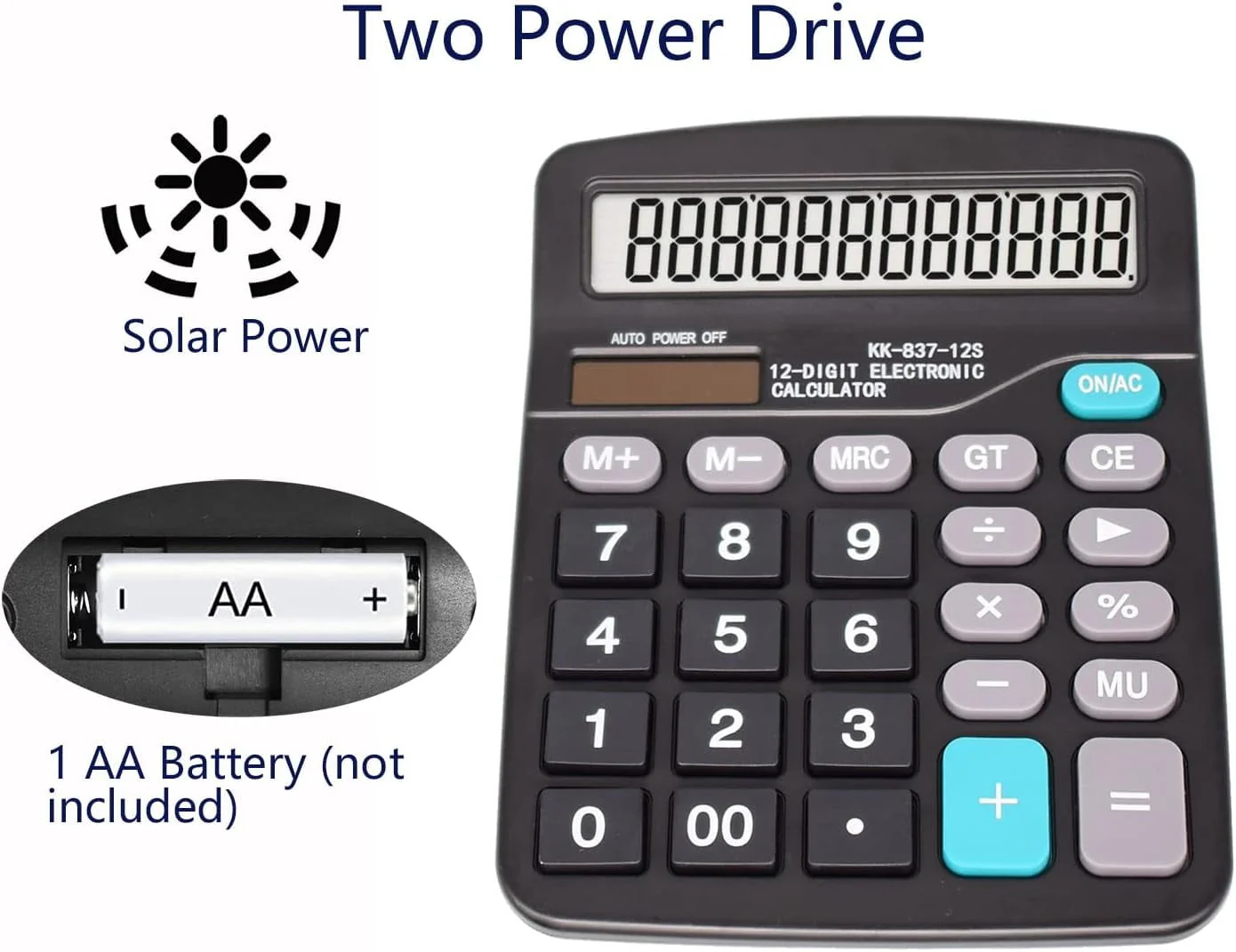 Office Calculator, Desktop Calculator with 12 Digit Large LCD Display, Solar and Battery Dual Power for Office, Primary School, Market or Home, Black