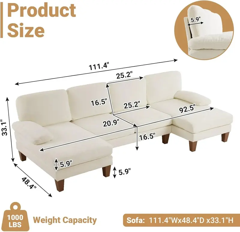 110-Inch U-Shaped Sectional Sofa – Double-Chaise Chenille Living Room Set for Modern Homes (Beige)